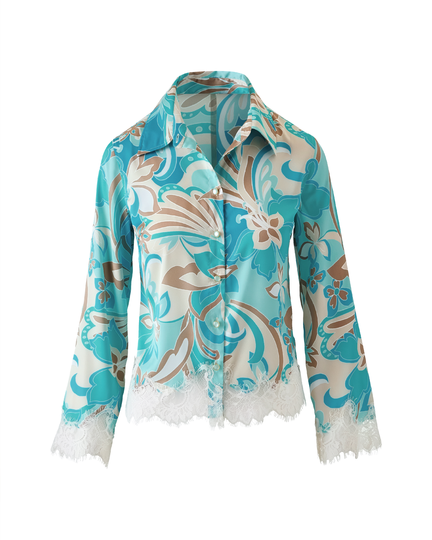 Printed Charmeuse Scallop Lace Hem Button Up Shirt - Agua Abstract