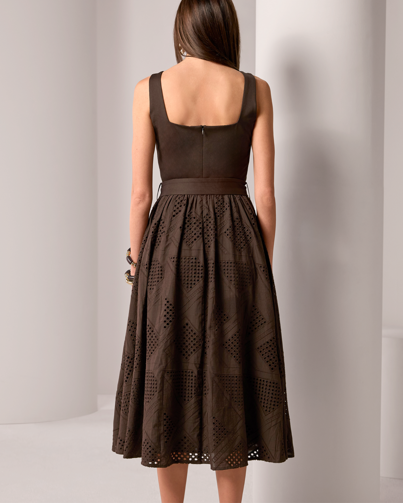 casual sleeveless midi dress DKNY Women's Sleeveless Smocked Midi A-Line Dress in Java