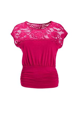 pink short sleeve blouson top with lace.
