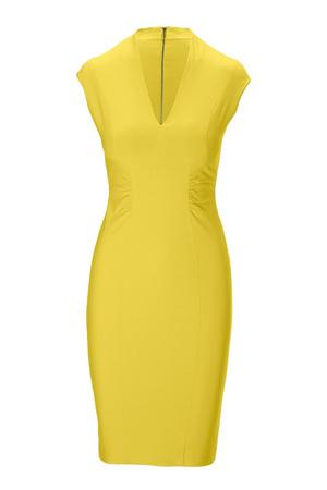 yellow v-neck cap-sleeve sheath dress.