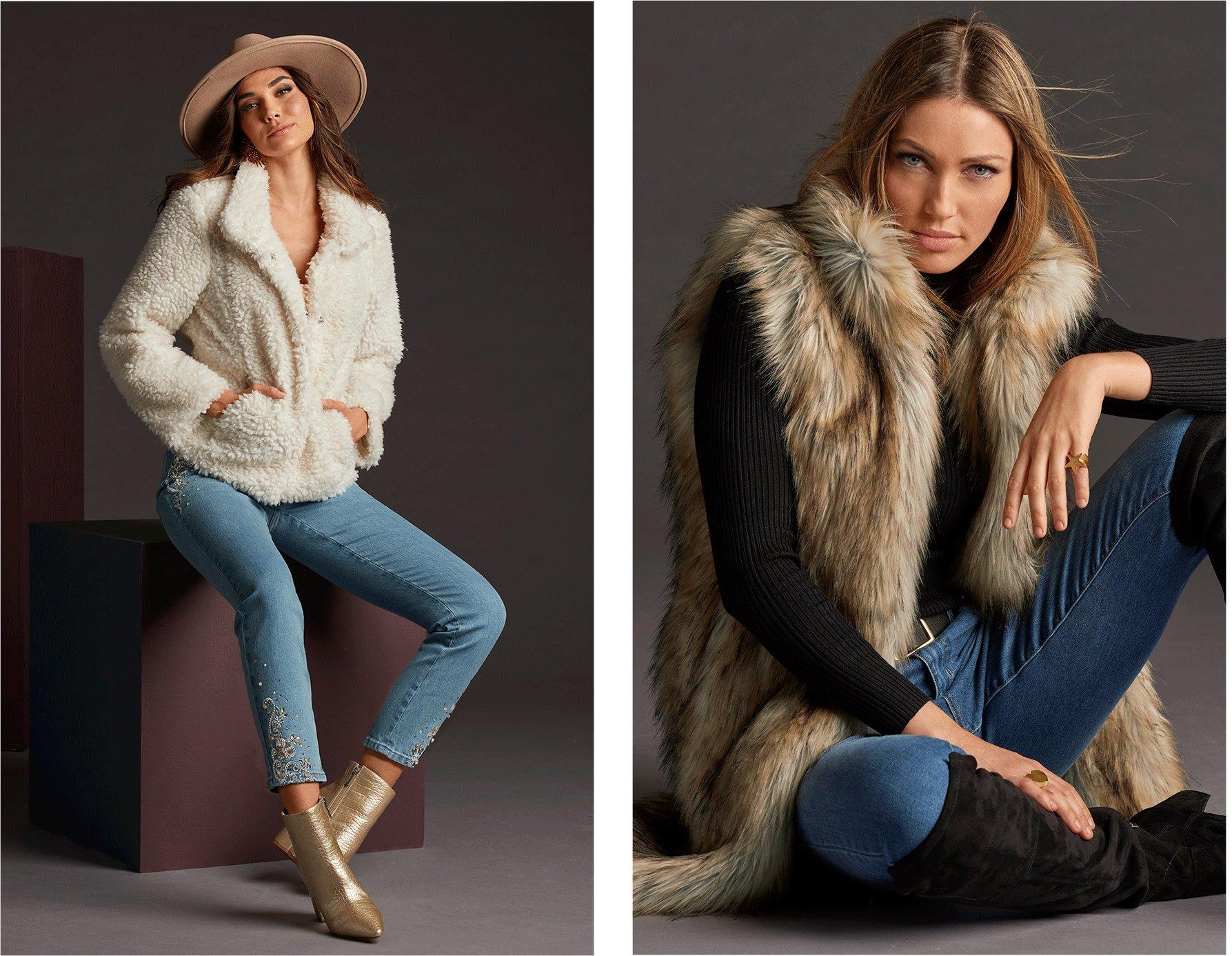 left model wearing an off-white short teddy coat, embellished light-wash ankle jeans, gold pointed toe croc booties, and a taupe felt hat. right model wearing a long faux-fur vest, black ribbed turtleneck sweater, jeans, and black over-the-knee boots.