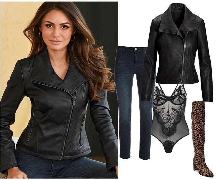 model wearing a black collared leather moto jacket, black lace bodysuit, jeans, and leopard over-the-knee boots. right panel shows all items individually.