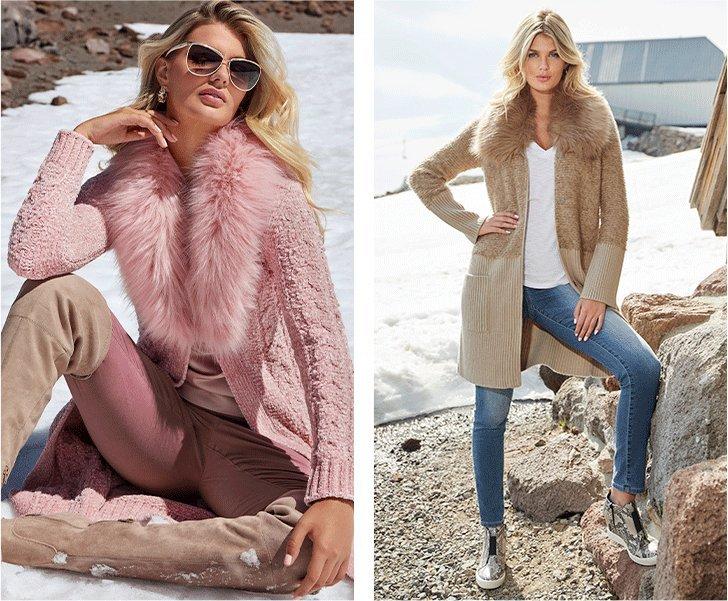 left model wearing a pink faux fur sweater duster, pink velvet pants, and taupe over-the-knee boots. right model wearing a beige color block faux fur sweater coat, white v-neck tee, jeans, and python wedge sneakers.