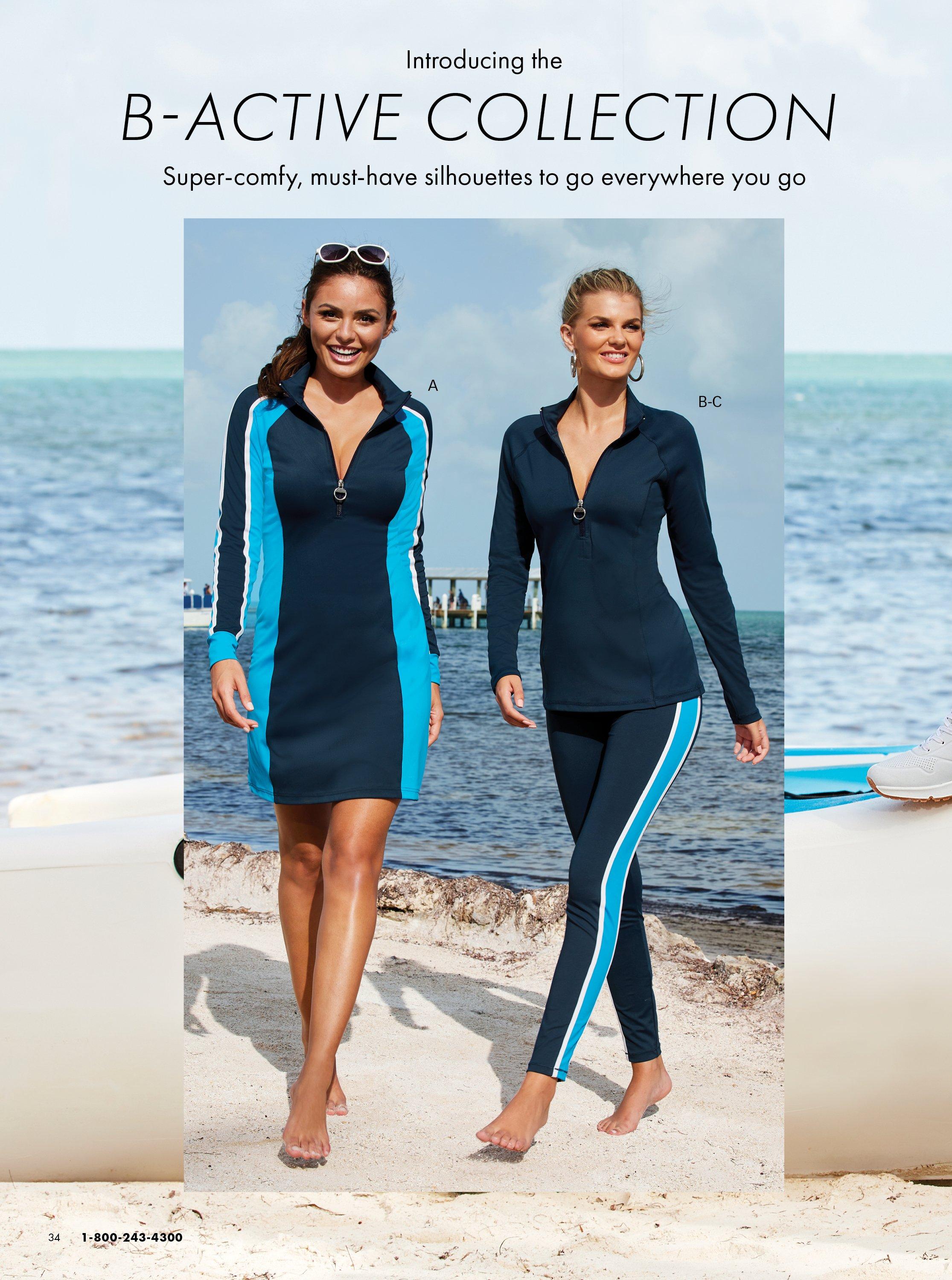 left model wearing a blue color-block long-sleeve sport dress. right model wearing blue color-block leggings and navy long-sleeve quarter zip sport top.
