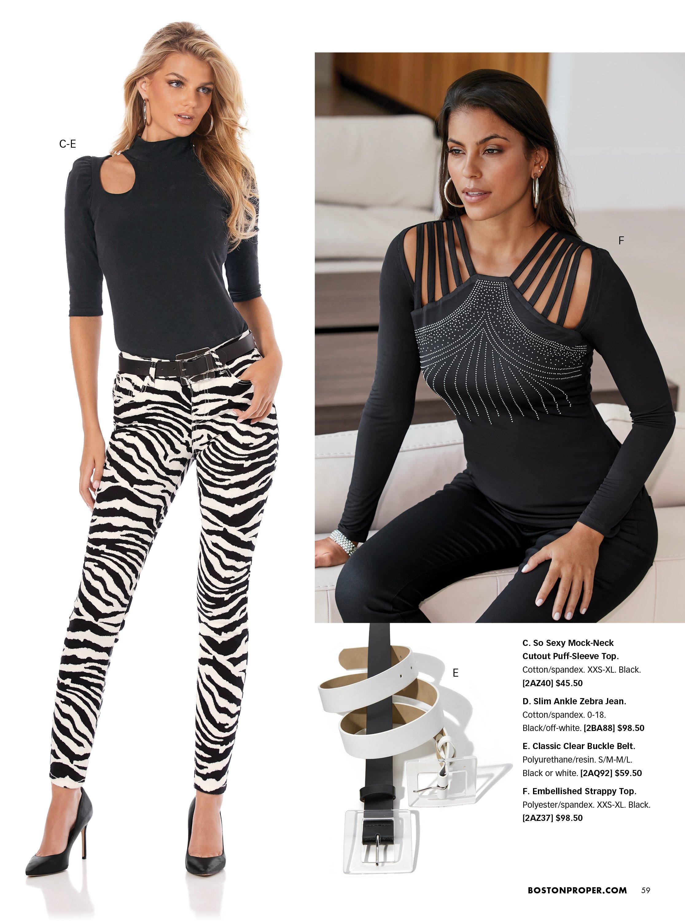 left model wearing a black cutout long-sleeve top, black belt, zebra striped jeans, and black heels. right model wearing a black strappy long-sleeve top with jewel embellishments and black pants. also shown: black belt and white belt.