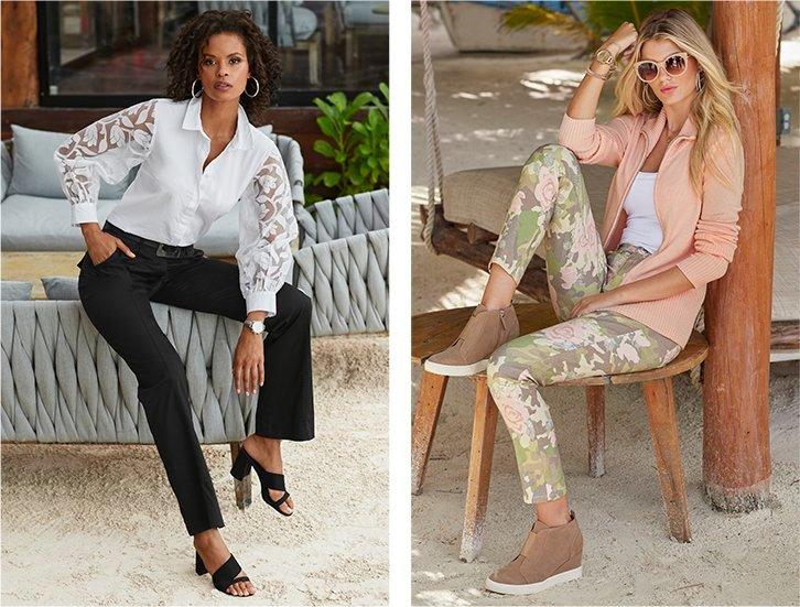 left model wearing a white floral illusion sleeve button-down top, black pants, black belt, black cutout block heels, and hoop earrings. right model wearing a light pink zip-up cardigan, white tank top, camo print jeans, tan wedge sneakers, and pink sunglasses.