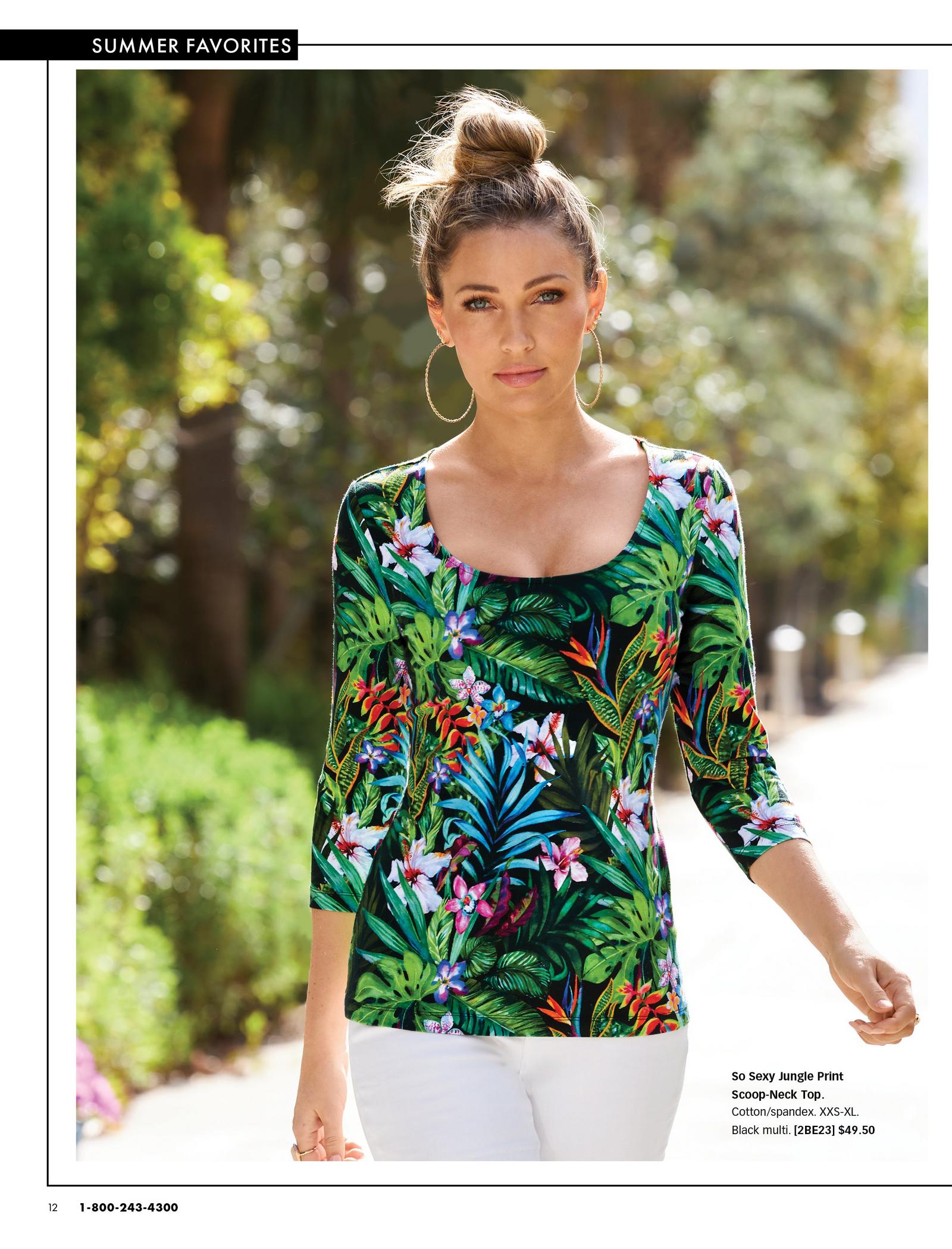 model wearing a tropical jungle print three-quarter sleeve scoop neck top and white jeans.