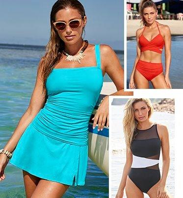left model wearing a light blue square-neck tankini with a skirted bottom, shell necklace, and sunglasses. top right model wearing a red bikini with high-waisted bottoms. bottom right model wearing a black and white one-piece swimsuit with mesh insets.