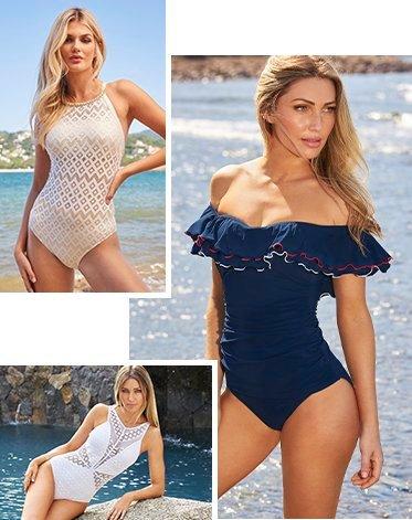 top left model wearing a gold embellished white crochet high-neck one-piece swimsuit. bottom left model wearing a white lace one-piece swimsuit. right model wearing a navy off-the-shoulder one-piece swimsuit with white and red lining.