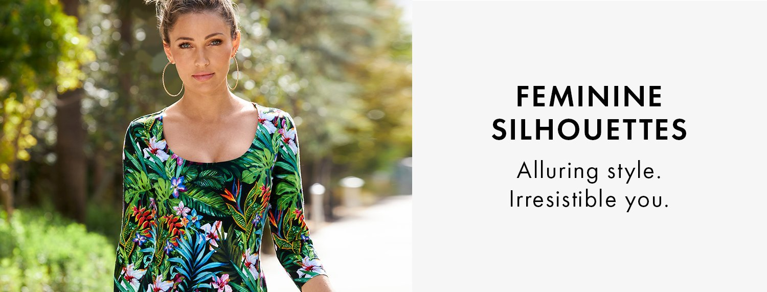 The So Sexy Collection model wearing a jungle print scoop-neck top.
