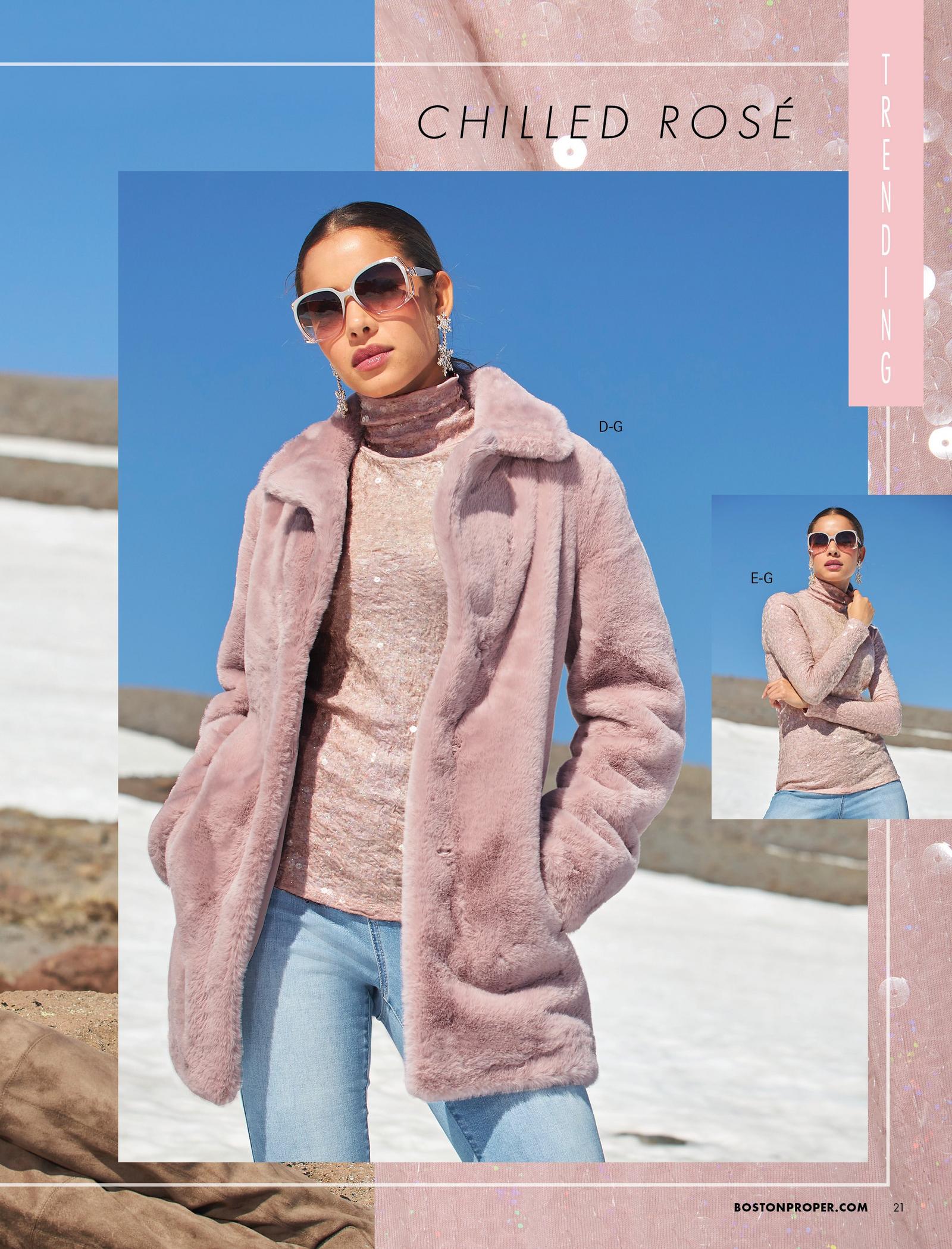 left model wearing a mauve faux-mink coat, mauve sequin long-sleeve turtleneck top, snowflake earrings, and light wash jeans. right model wearing a mauve sequin long-sleeve turtleneck top, snowflake earrings, and light wash jeans.