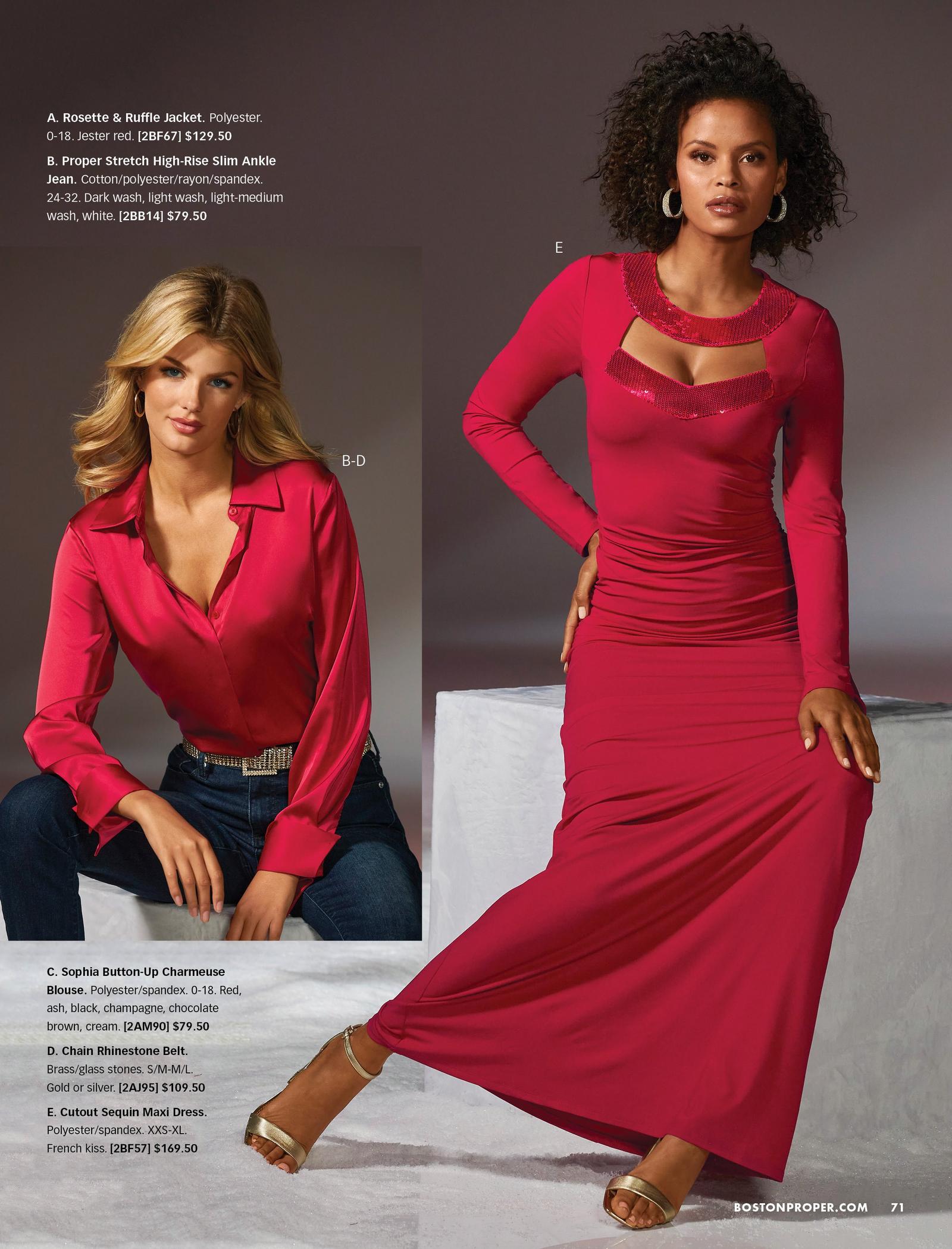 left model wearing a red button down long sleeve blouse, gold chain belt, and jeans. right model wearing a red long-sleeve cutout sequin embellished maxi dress and gold single-strap heels.
