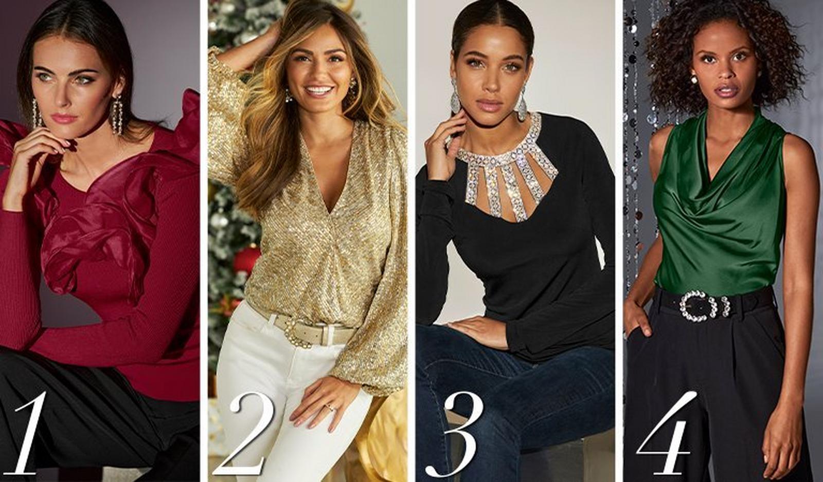from left to right: first model wearing a red long-sleeve sweater with an organza ruffle and black pants. second model wearing a gold sequin surplice long-sleeve blouse, gold rhinestone belt, and white jeans. third model wearing a black long-sleeve top with rhinestone embellished cage detail neckline and jeans. fourth model wearing an emerald green cowl neck sleeveless charmeuse louse, black rhinestone embellished belt, and black wide-leg crepe pants.
