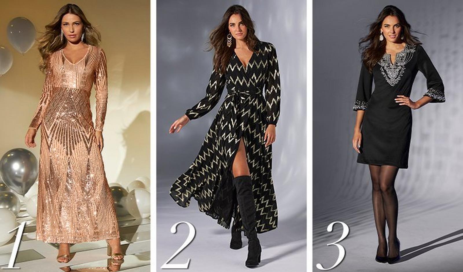 from left to right: first model wearing a blush sequin embellished long-sleeve v-neck maxi dress. second model wearing a black and gold chevron long-sleeve maxi wrap dress and black suede over-the-knee boots. third model wearing a black jewel embellished three-quarter sleeve sheath dress, black tights, and black pumps.