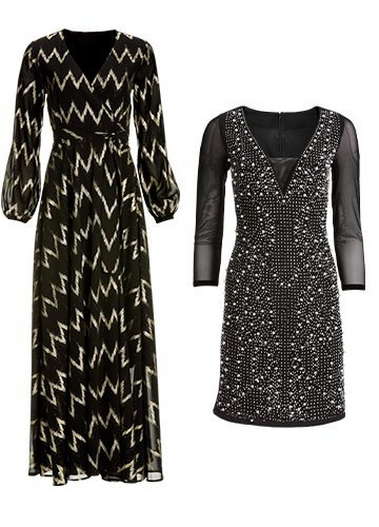 black long-sleeve wrap dress with a gold chevron print and a black illusion sleeve pearl embellished dress.