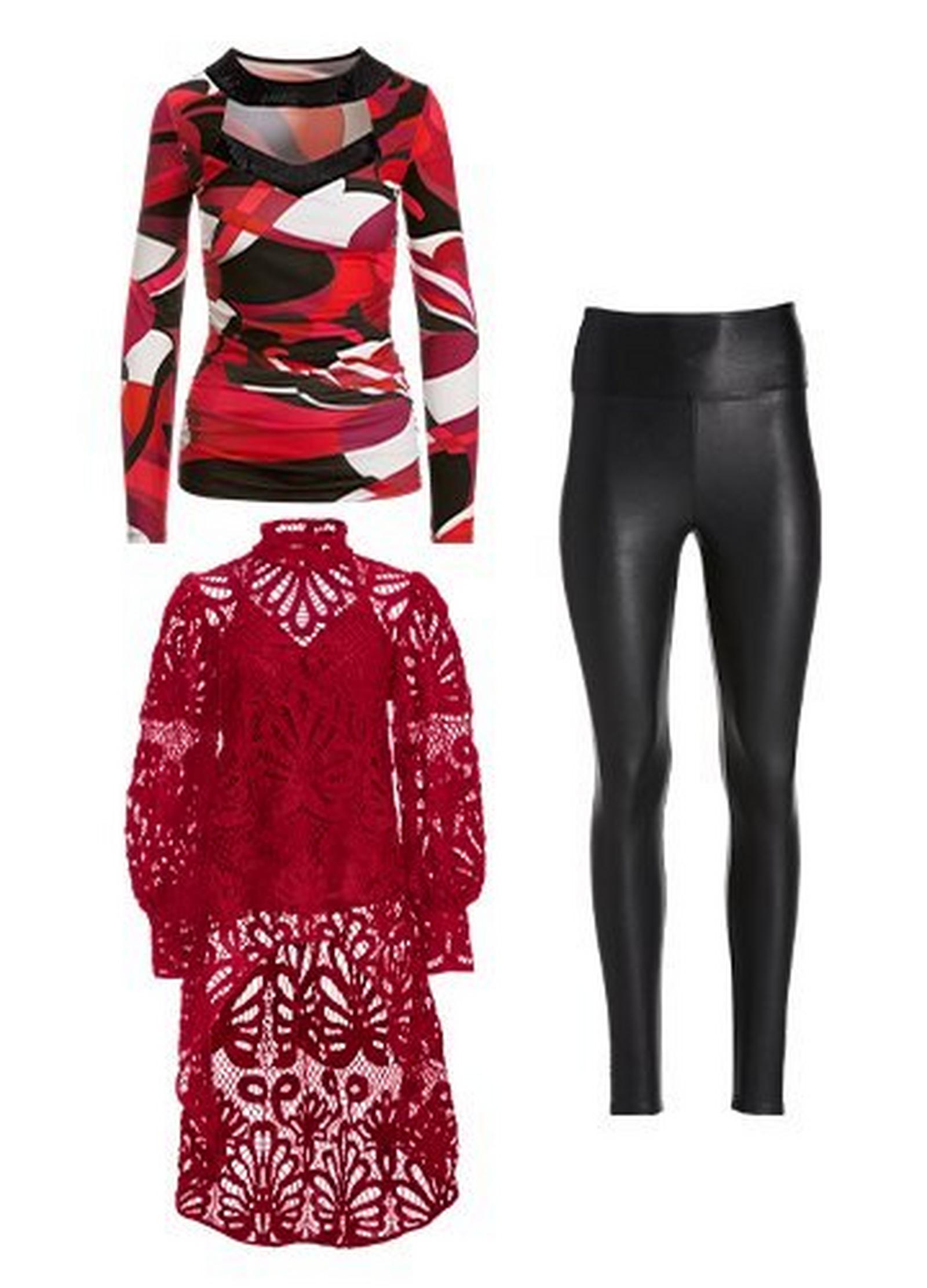 white, black, and red cutout sequin embellished long-sleeve top, red lace mock-neck high-low top, and black faux-leather leggings.