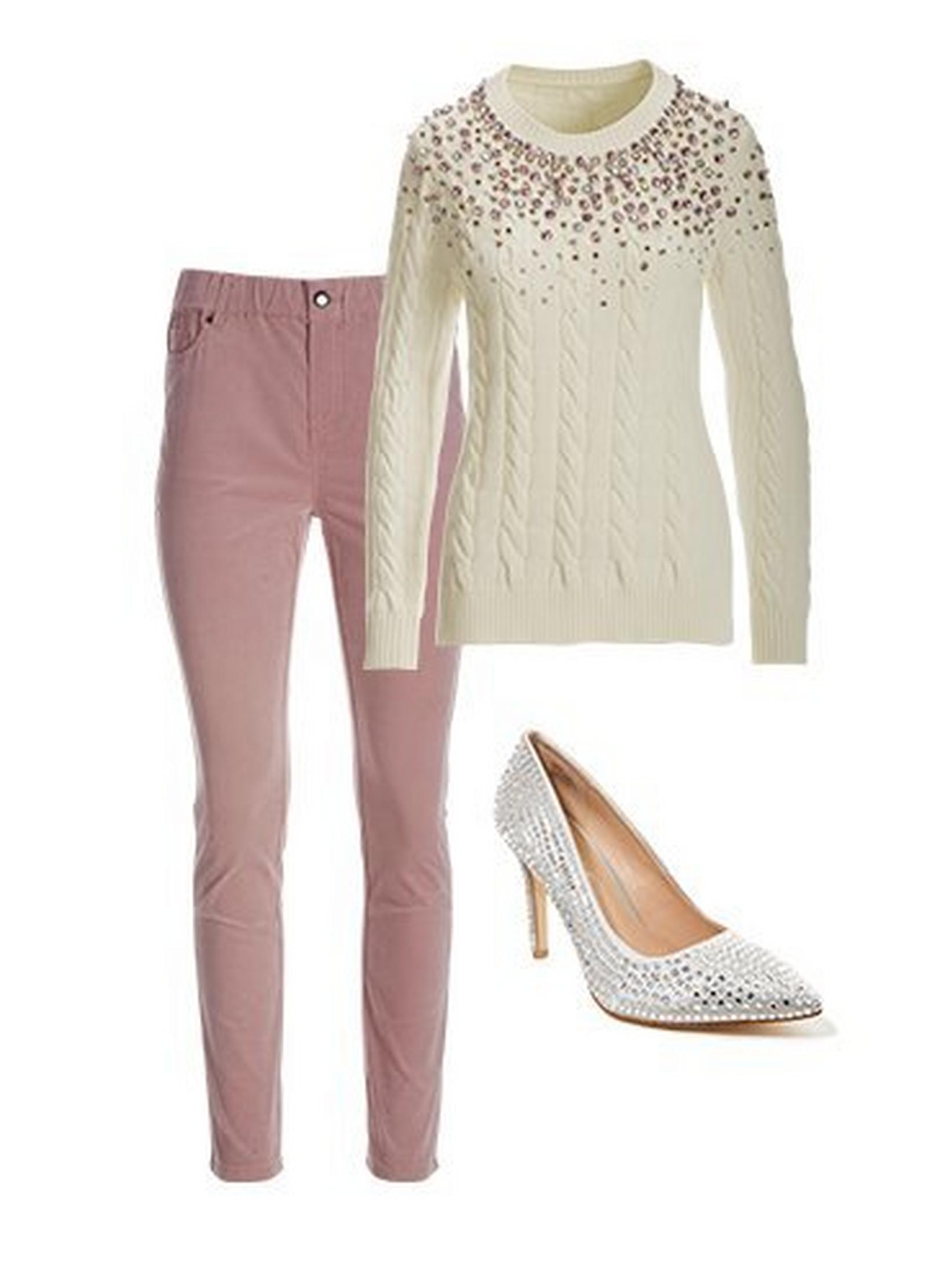 pink velvet pants, white cable knit embellished sweater, and silver rhinestone embellished pumps.