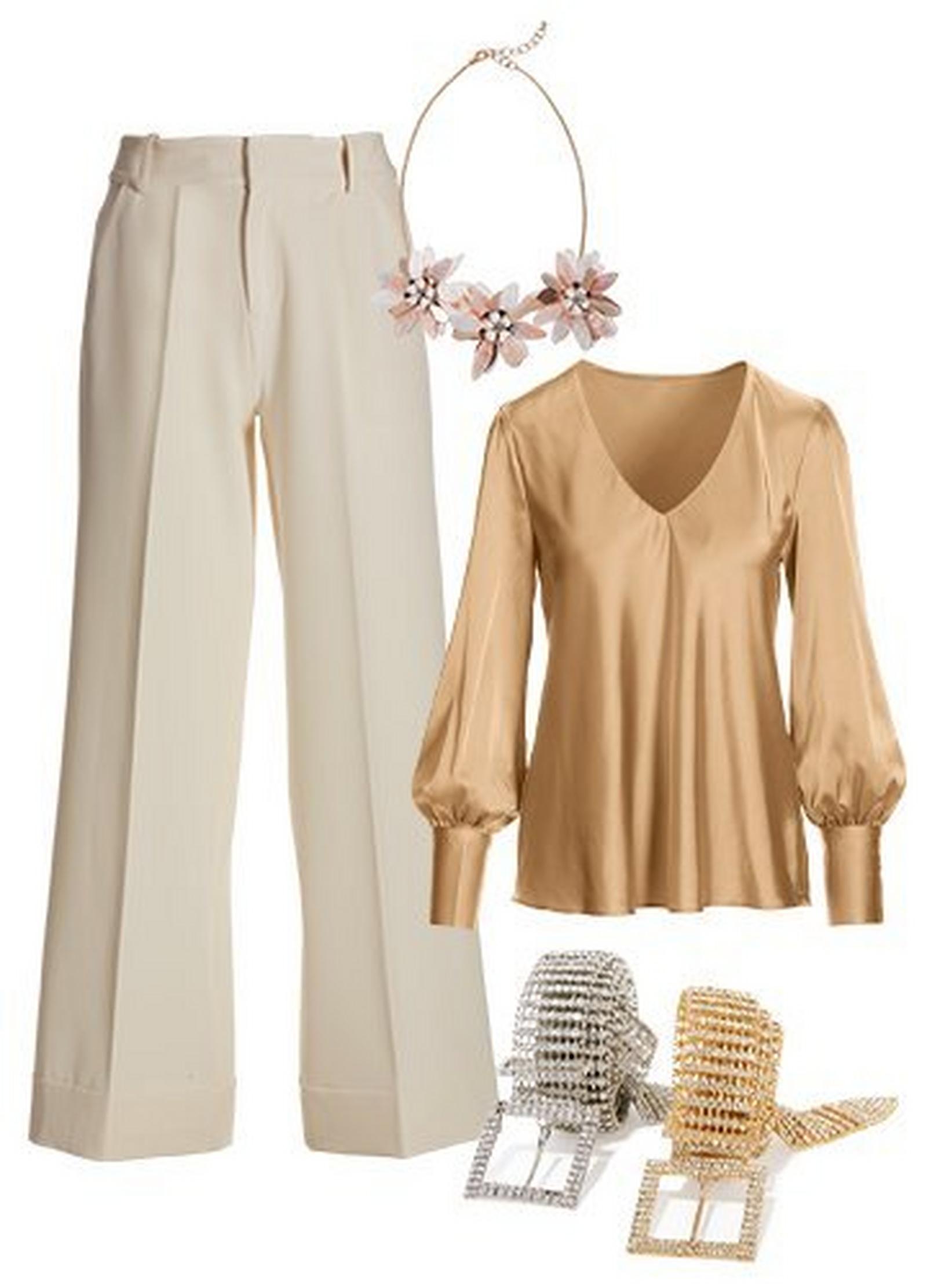 white wide-leg pants, floral resin necklace, gold v-neck long-sleeve charmeuse blouse, and rhinestone belt in silver and gold.