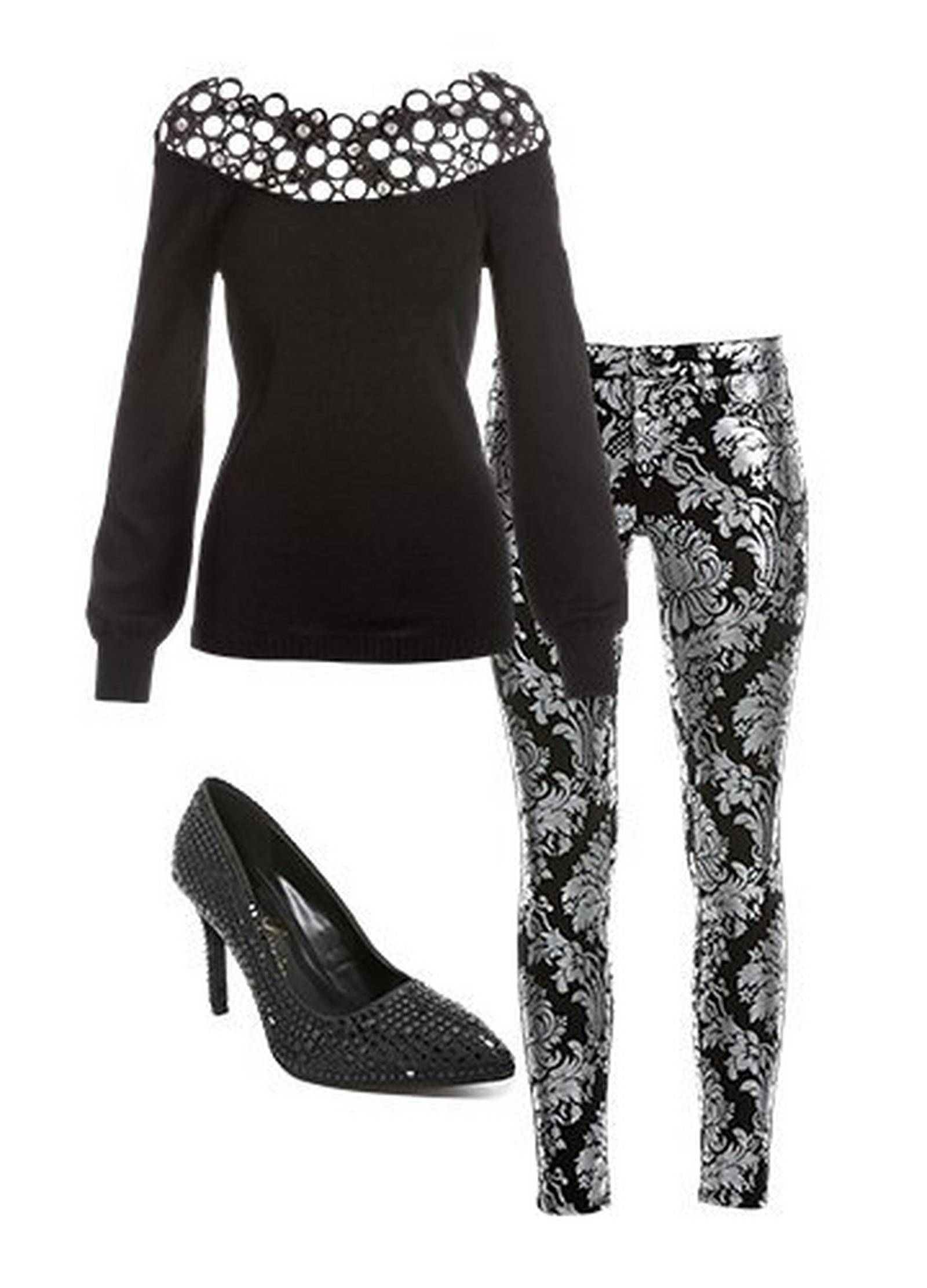 black lace rhinestone embellished off-the-shoulder sweater, black and silver foil print jeans, and black rhinestone embellished pumps.