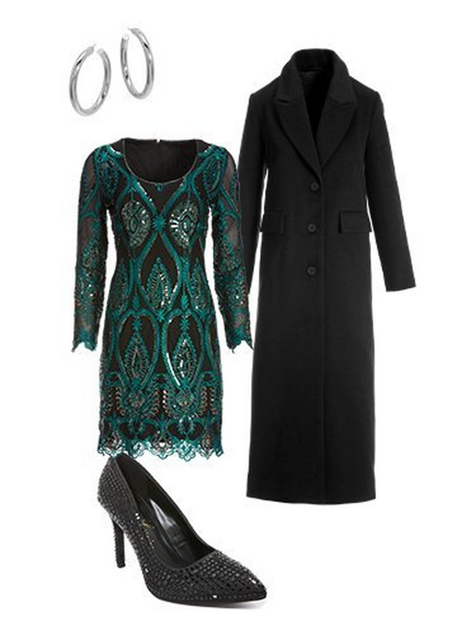 green and black sequin long-sleeve dress, black rhinestone embellished pumps, silver hoop earrings, and black faux-wool long coat.
