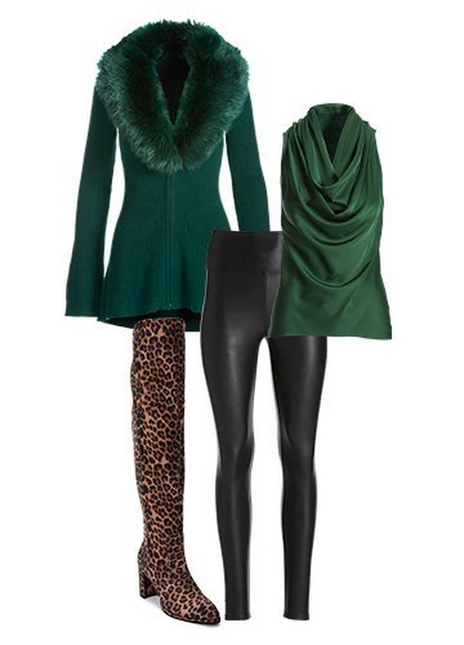 green faux-fur ribbed cardigan, black faux-leather leggings, green cowl neck sleeveless charmeuse blouse, and leopard print over-the-knee boots.
