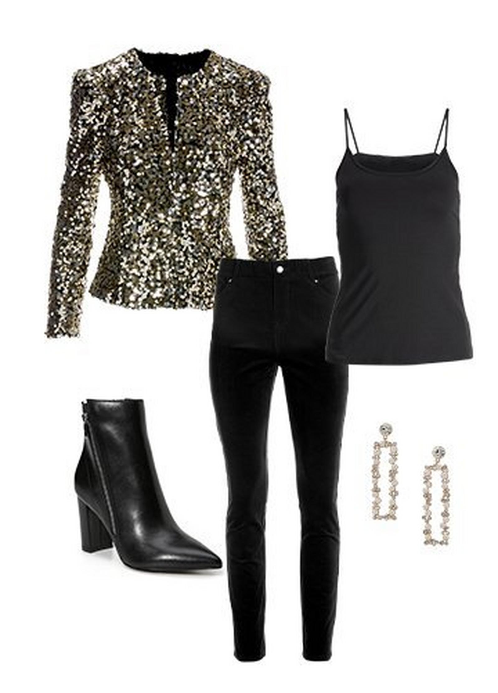 gold and silver sequin jacket, black tank top, black velvet pants, pearl rectangle earrings, and black leather booties.