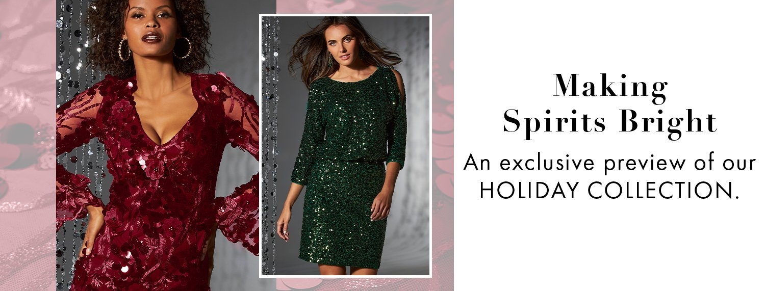 left model wearing a red sequin illusion sleeve v-neck dress. right model wearing an emerald green sequin three-quarter sleeve dress.