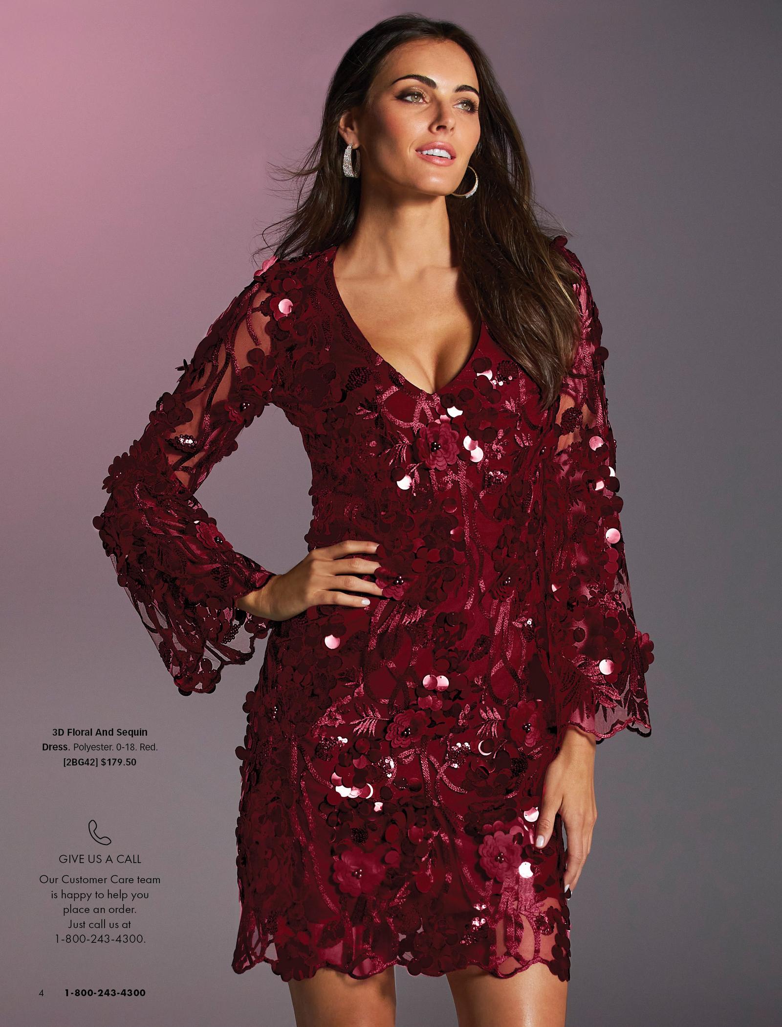 model wearing a red sequin and floral flare-sleeve v-neck dress.