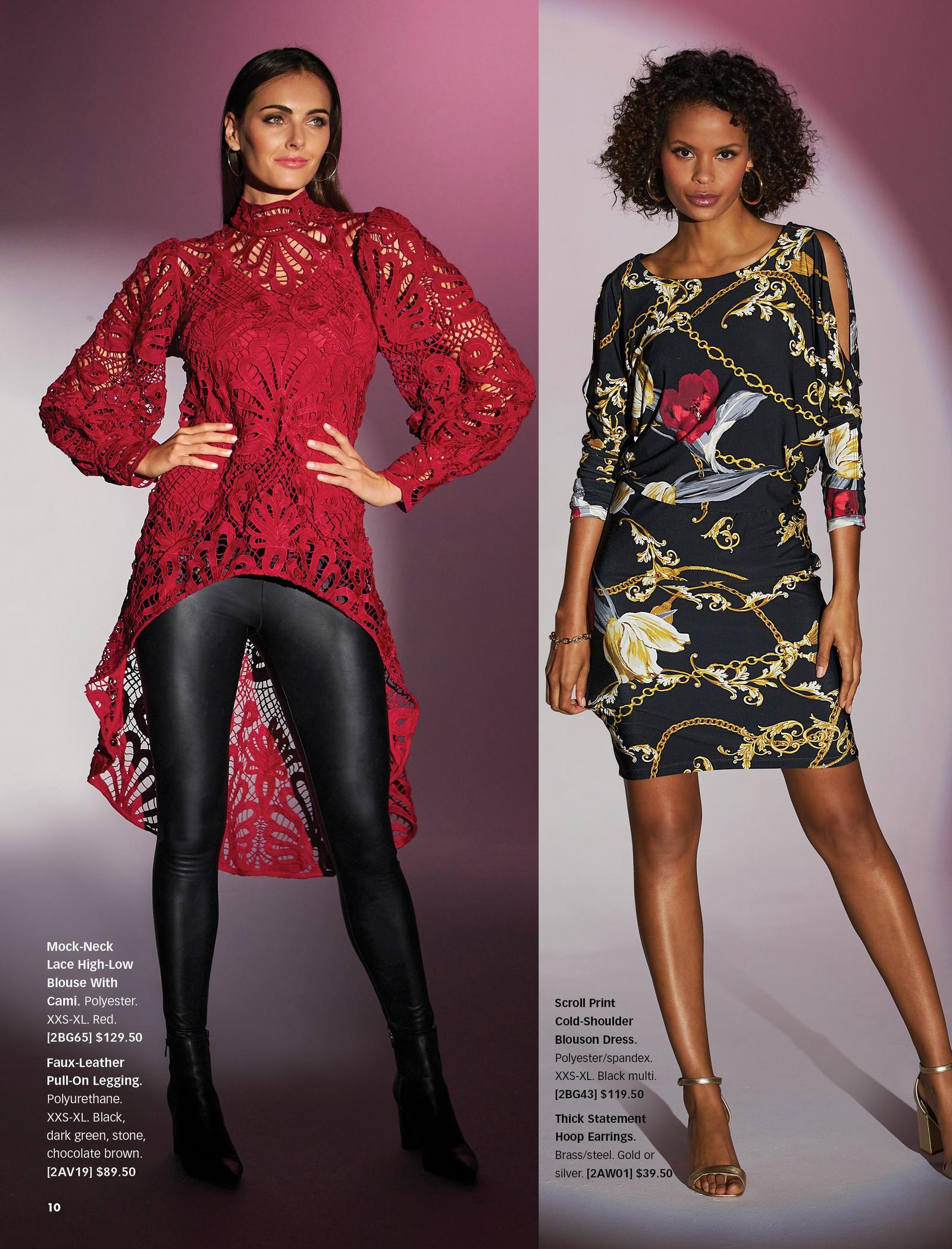 left model wearing a red lace high-low mock-neck top, black faux-leather leggings, and black leather booties. right model wearing a scroll print cold-shoulder blouson dress and gold hoop earrings.