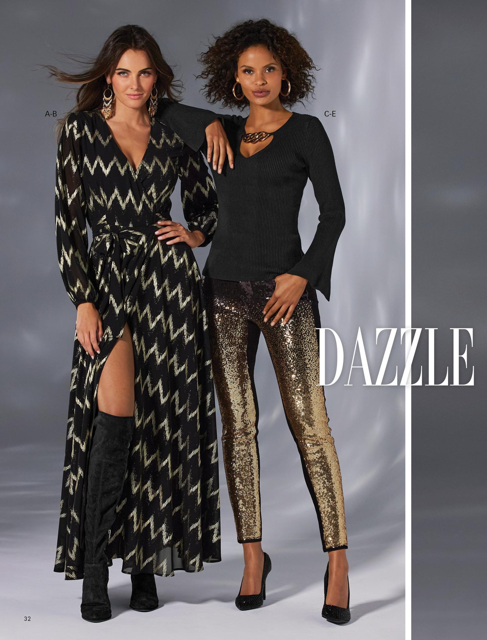 left model wearing a black and gold chevron print long-sleeve wrap maxi dress and black over-the-knee suede boots. right model wearing a black chain detail ribbed sweater with flare sleeves, gold hoop earrings, ombre gold sequin jeans, and black jewel embellished pumps.