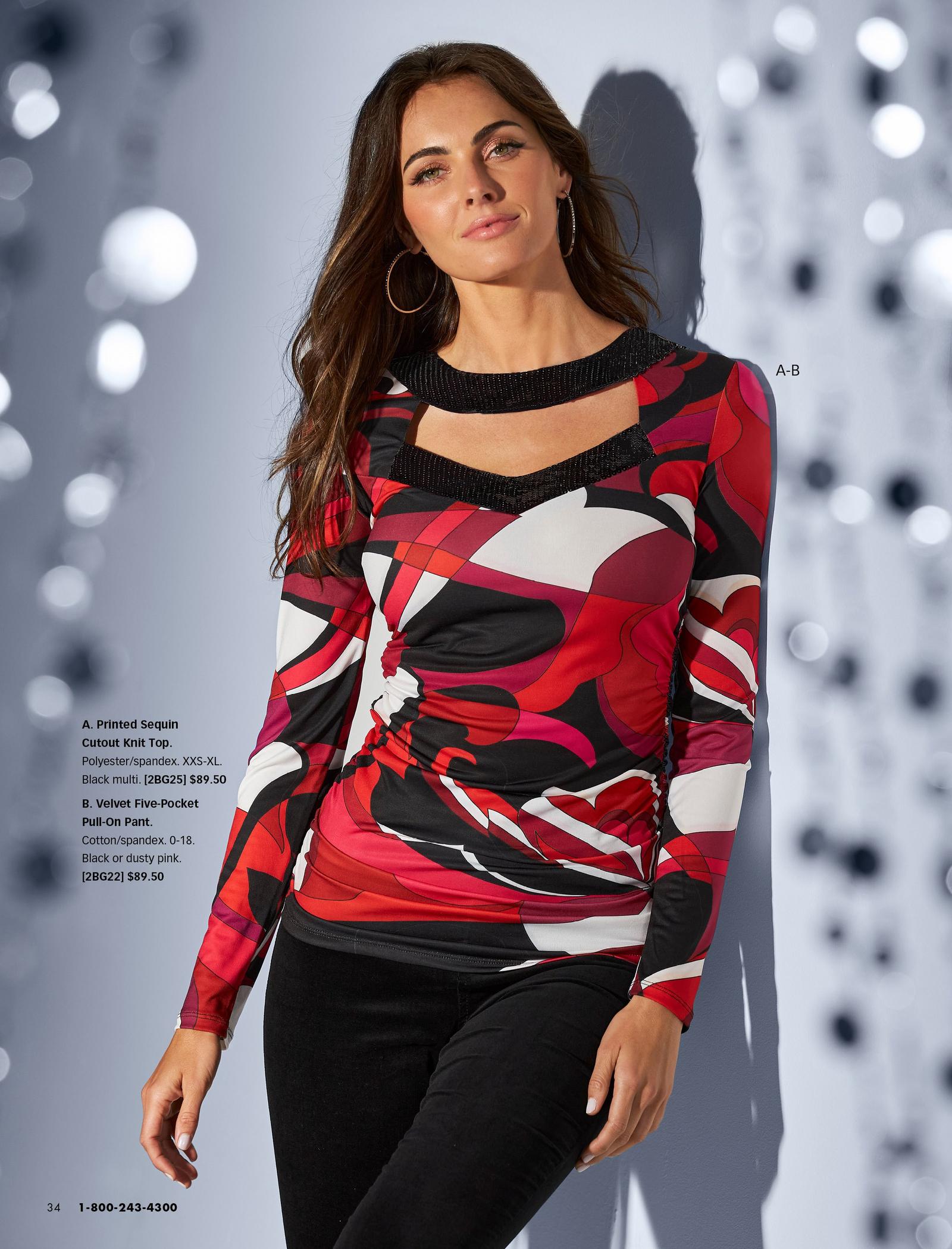 model wearing a red, white, and black cutout sequin embellished long-sleeve top and black velvet pants.