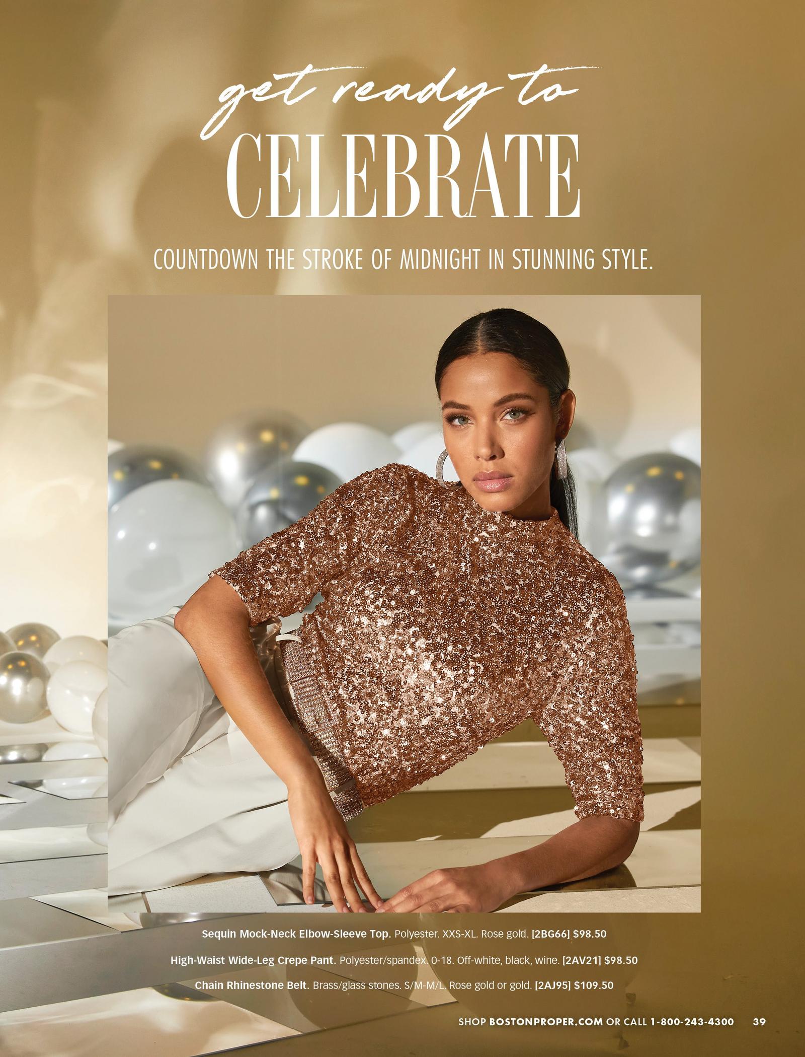 model wearing a gold sequin mock neck elbow sleeve top, gold rhinestone belt, and white wide-leg pants.