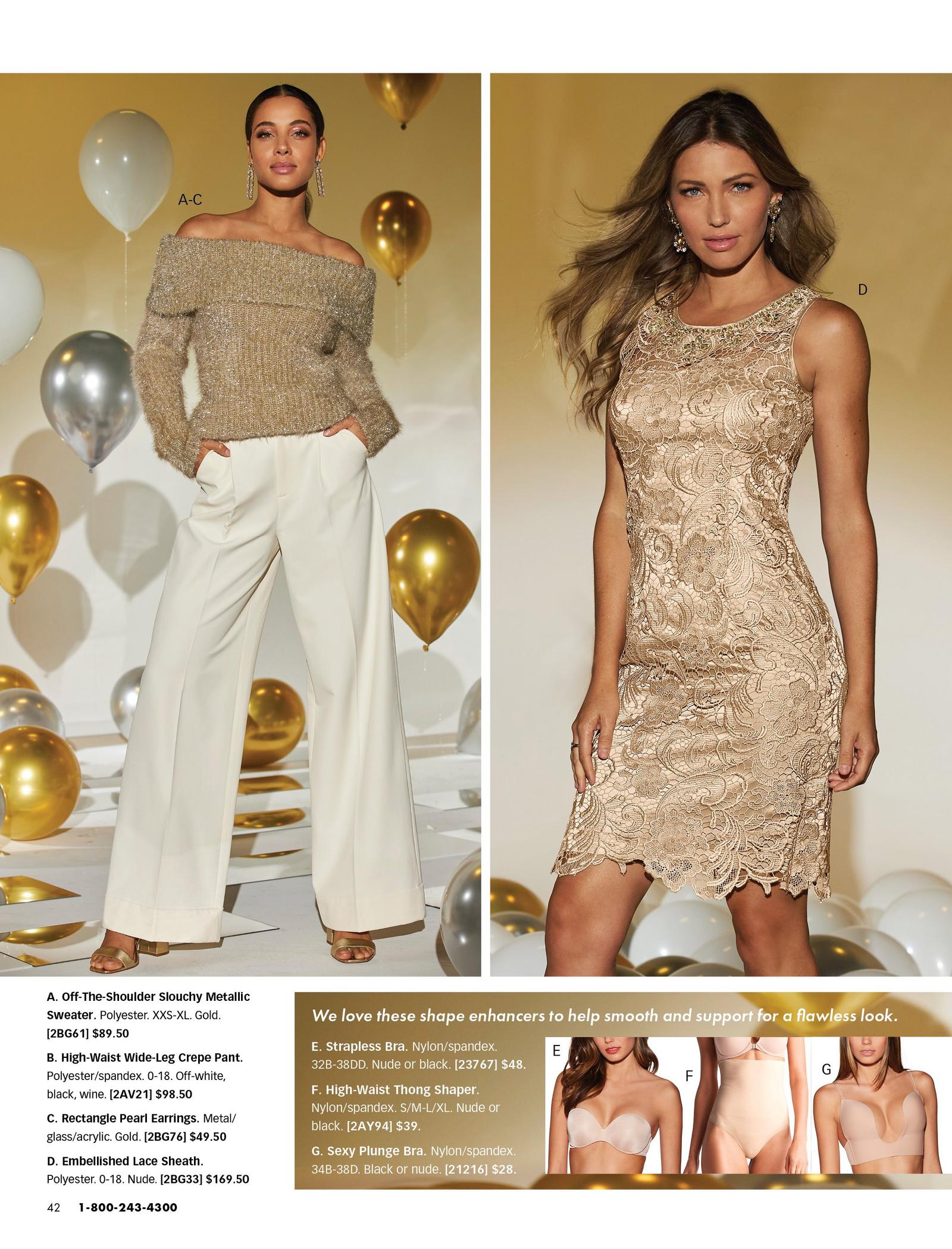 left model wearing a shimmery tan off-the-shoulder sweater, pearl rectangle earrings, and white wide-leg pants. right model wearing a gold lace sleeveless dress. bottom panel shows nude shapewear.