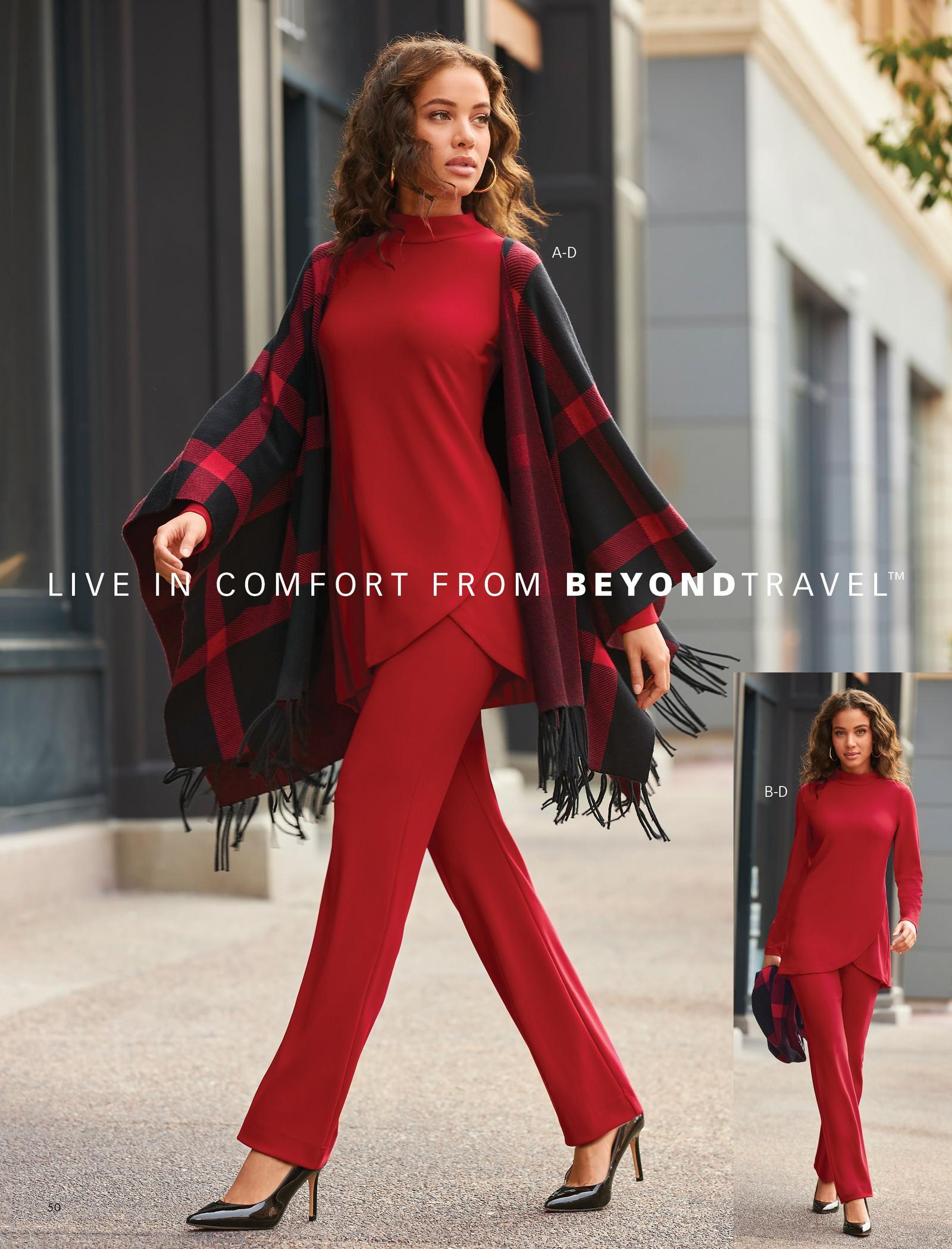 model wearing a red and black plaid poncho, red long-sleeve mock-neck tulip-hem top, red straight-leg pants, and black pumps. left model wearing same outfit without the poncho.