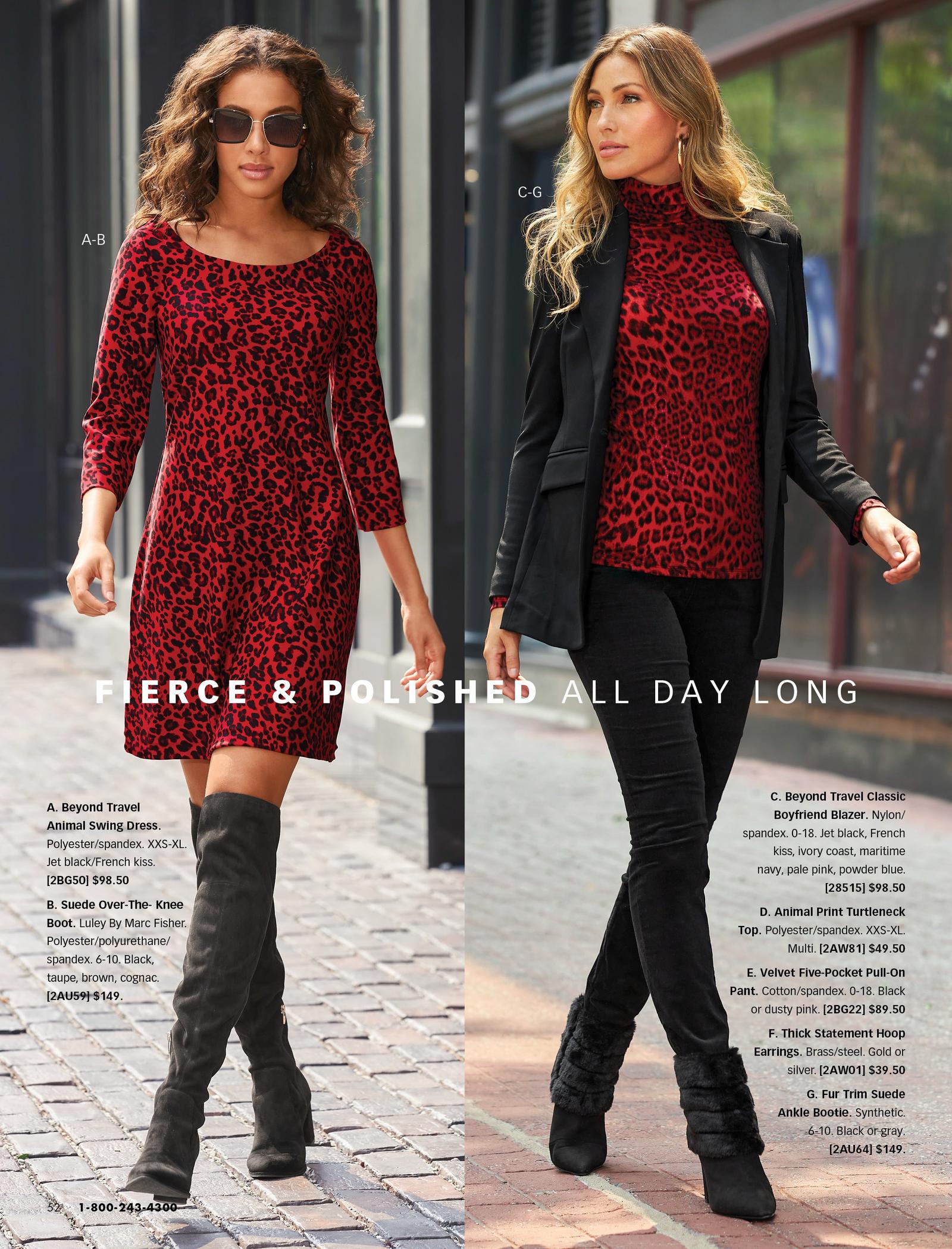 left model wearing a red animal print long-sleeve dress and black suede over-the-knee boots. right model wearing a black blazer, red animal print turtleneck top, back velvet pants, and black suede over-the-knee boots.