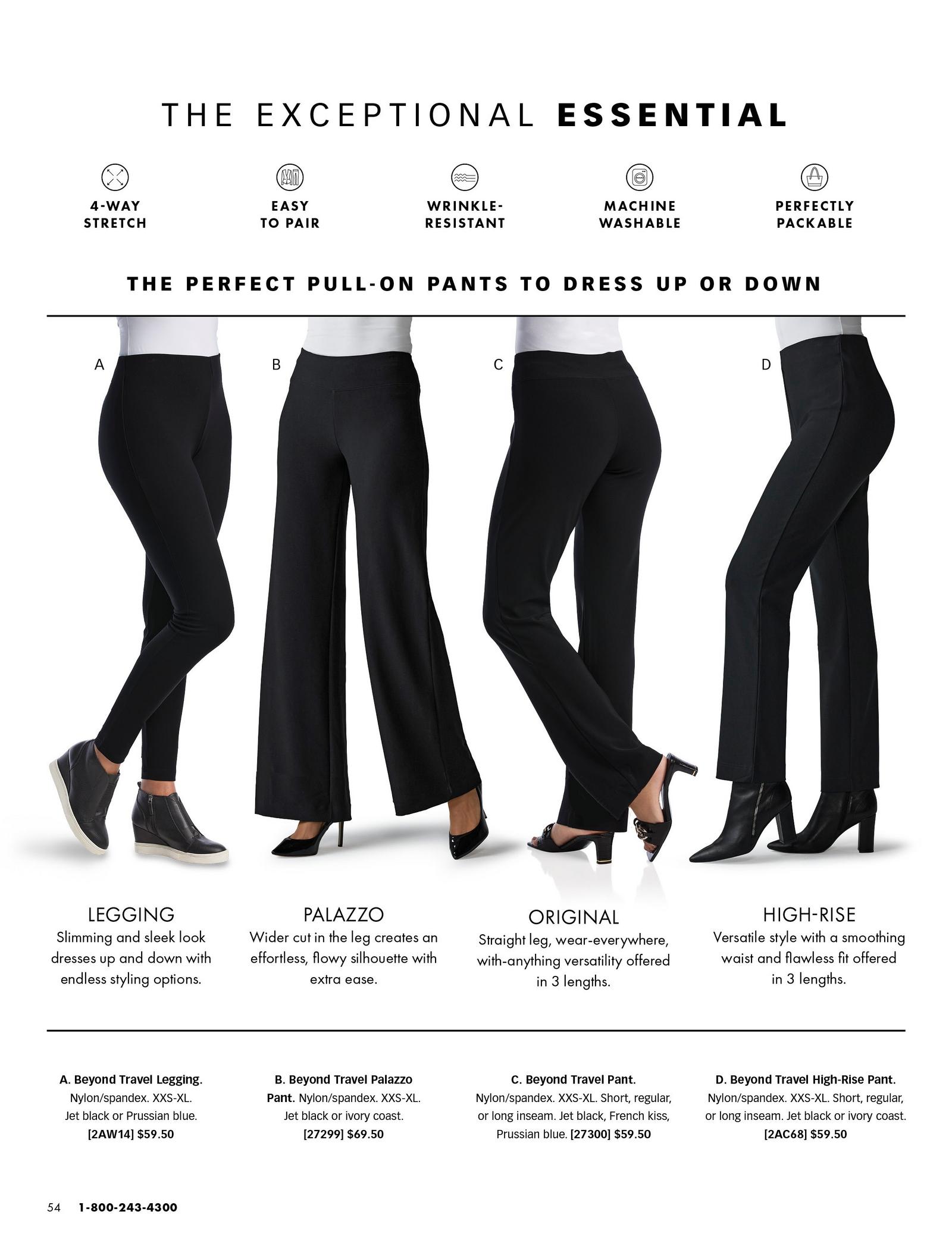 from left to right: black leggings, black palazzo pants, black straight-leg pants, and high-waisted straight-leg pants.