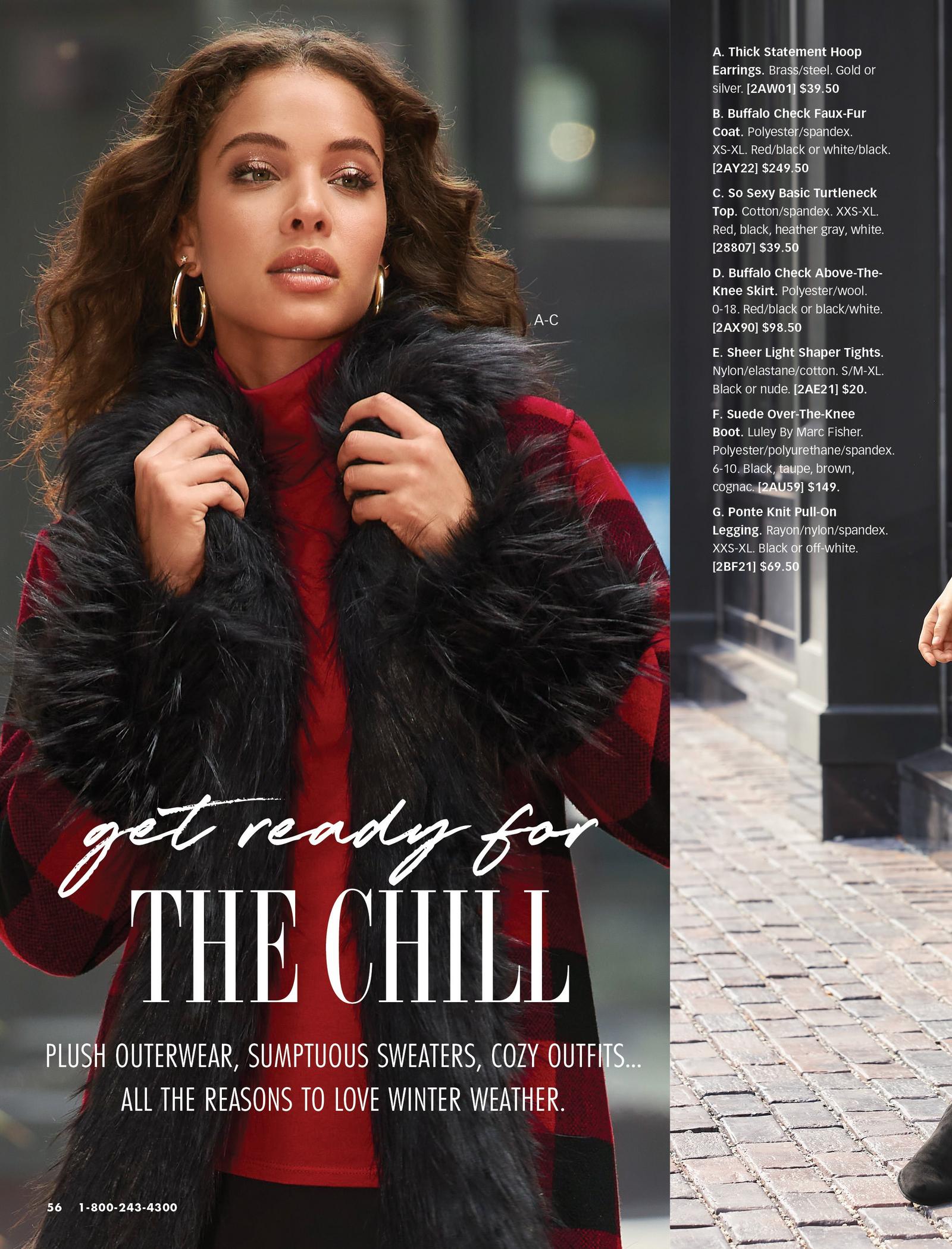 model wearing a red buffalo check faux-fur coat and red turtleneck top.