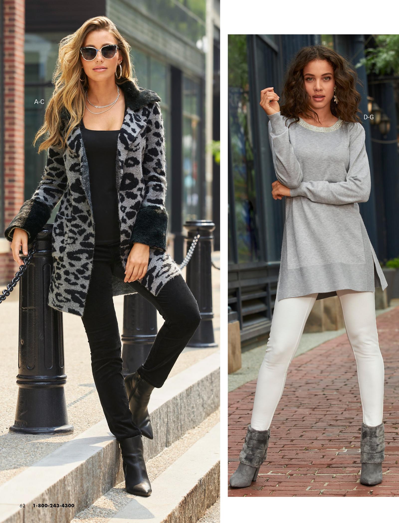 left model wearing a gray faux-fur animal print sweater coat, black tank top, black velvet pants, and black leather booties. right model wearing a gray embellished puff-sleeve side slit tunic, off-white leggings, and gray faux-fur booties.