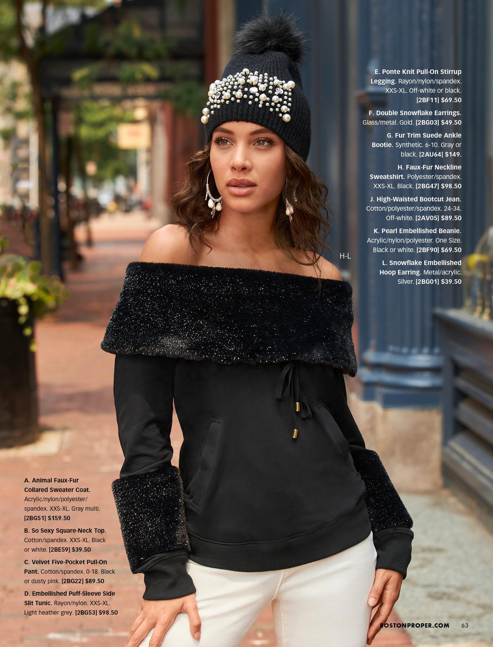 model wearing a black off-the-shoulder shimmer faux fur sweatshirt, black pearl embellished beanie, and white pants.