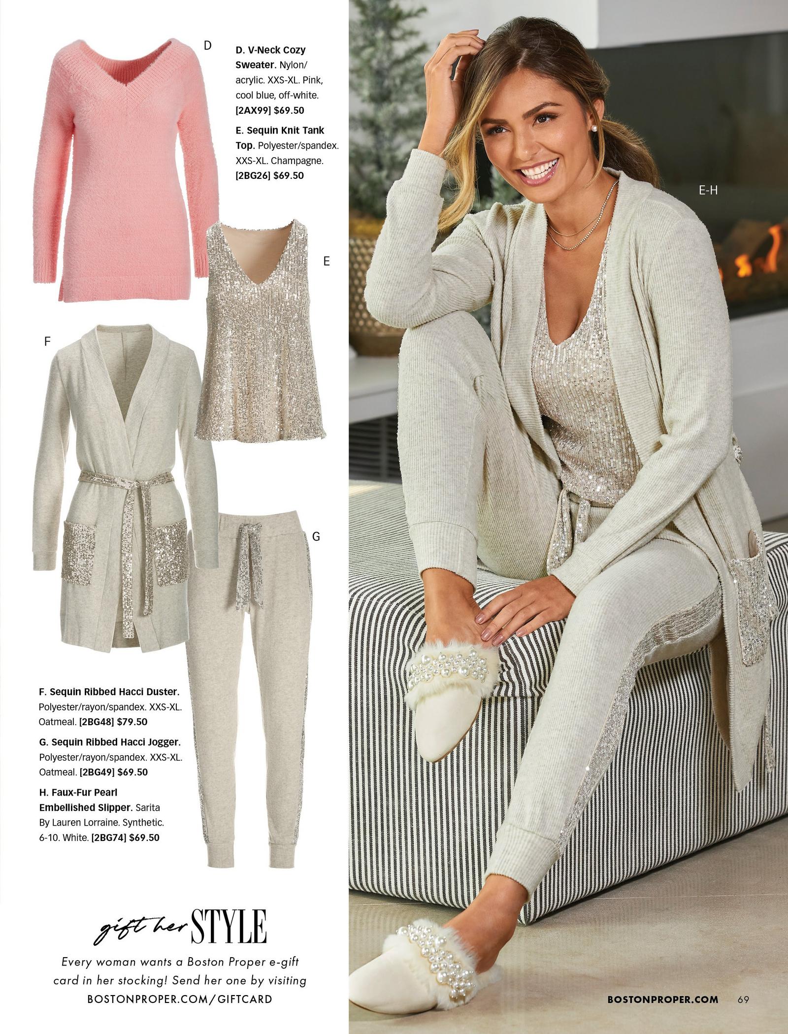 left panel shows a pink v-neck sweater, sequin tank top, sequin embellished robe, and sequin embellished joggers. right panel shows model wearing a sequin robe, sequin tank top, sequin embellished joggers, and pearl embellished white faux-fur slippers.
