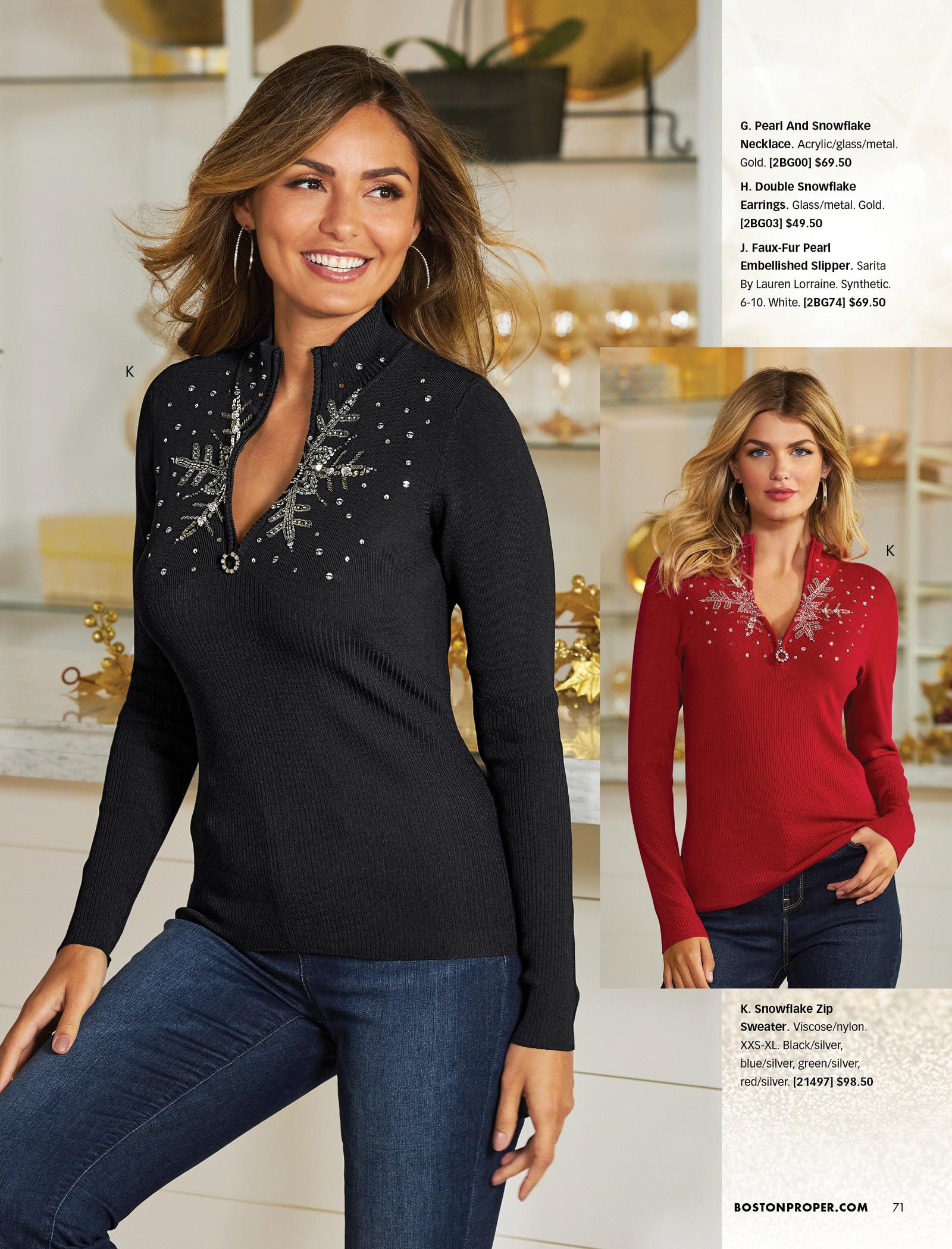 left model wearing a black half zip snowflake embellished sweater and jeans. right model wearing same sweater in red.