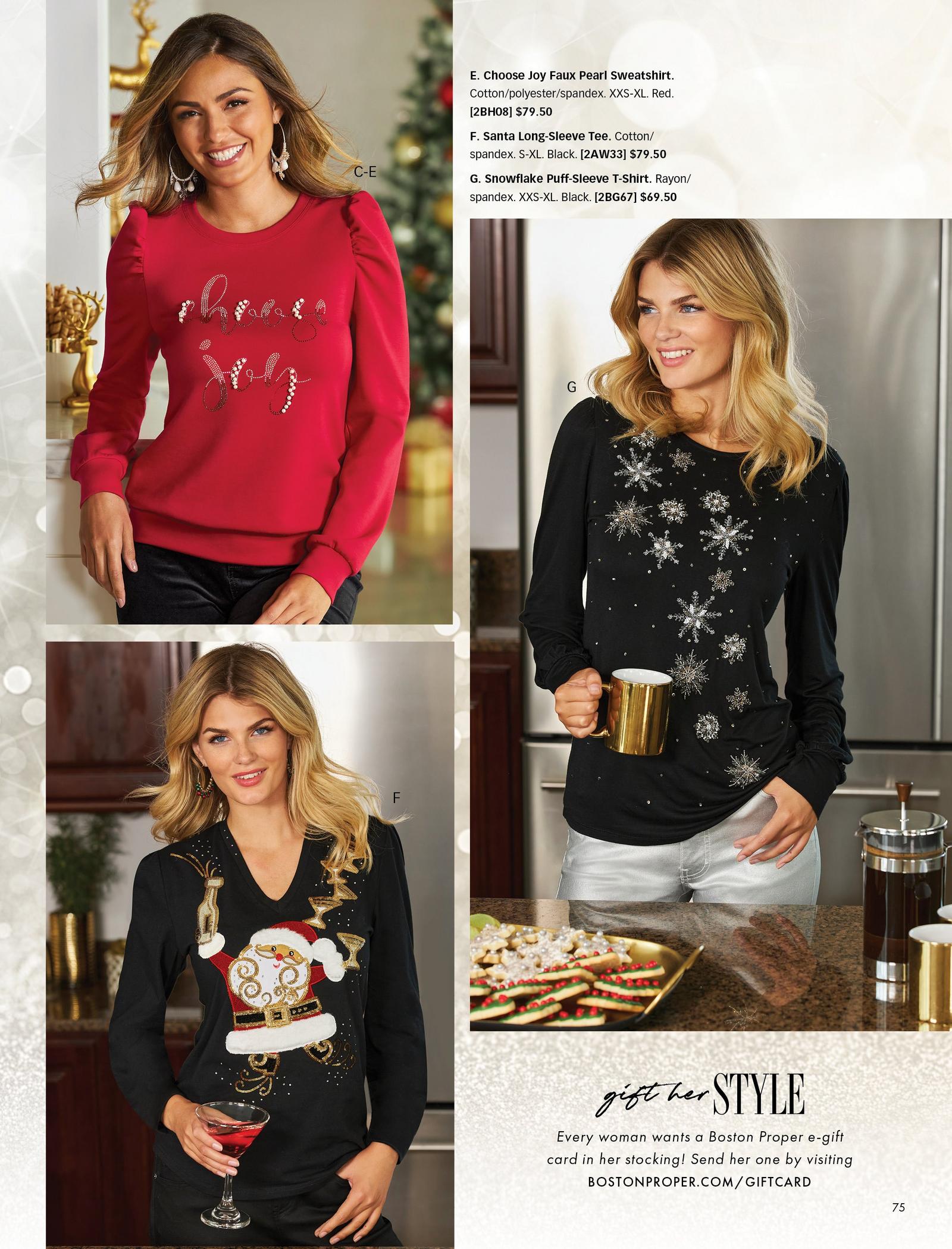 top left model wearing a red puff-sleeve long-sleeve holiday top. bottom left model wearing a black santa v-neck sweater. right model wearing a snowflake long-sleeve graphic tee and silver coated pants.