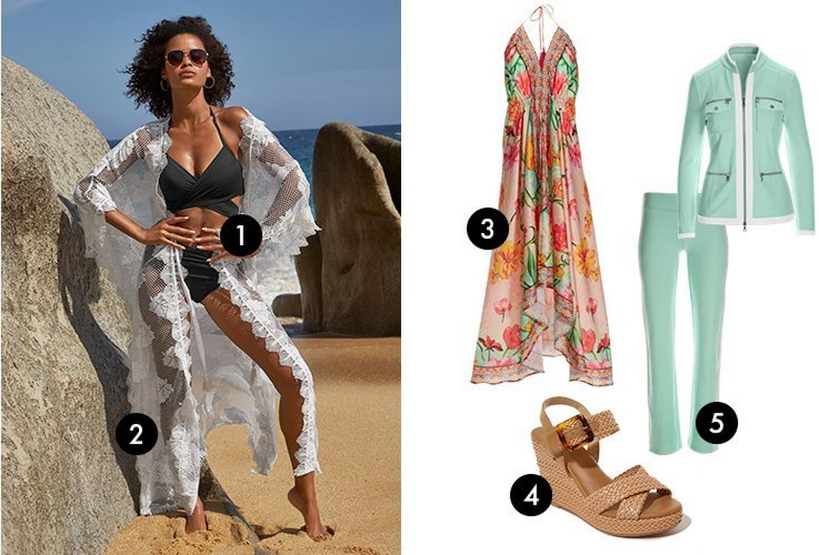left model wearing a black bikini, white lace duster cover-up, and sunglasses. right panel shows a multicolored printed halter maxi dress, light blue two-piece chic coordinate set, and tan wedges.