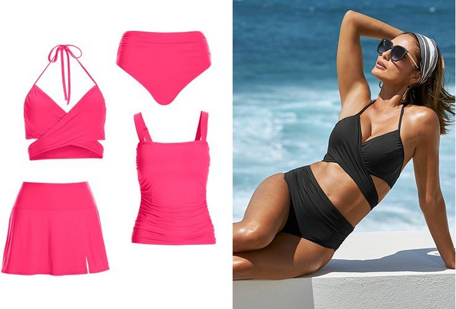 left panel showing pink bikini top, bikini bottoms, square-neck tankini top, and skirted bottoms. right model wearing a black bikini, white lace duster cover-up, and sunglasses.