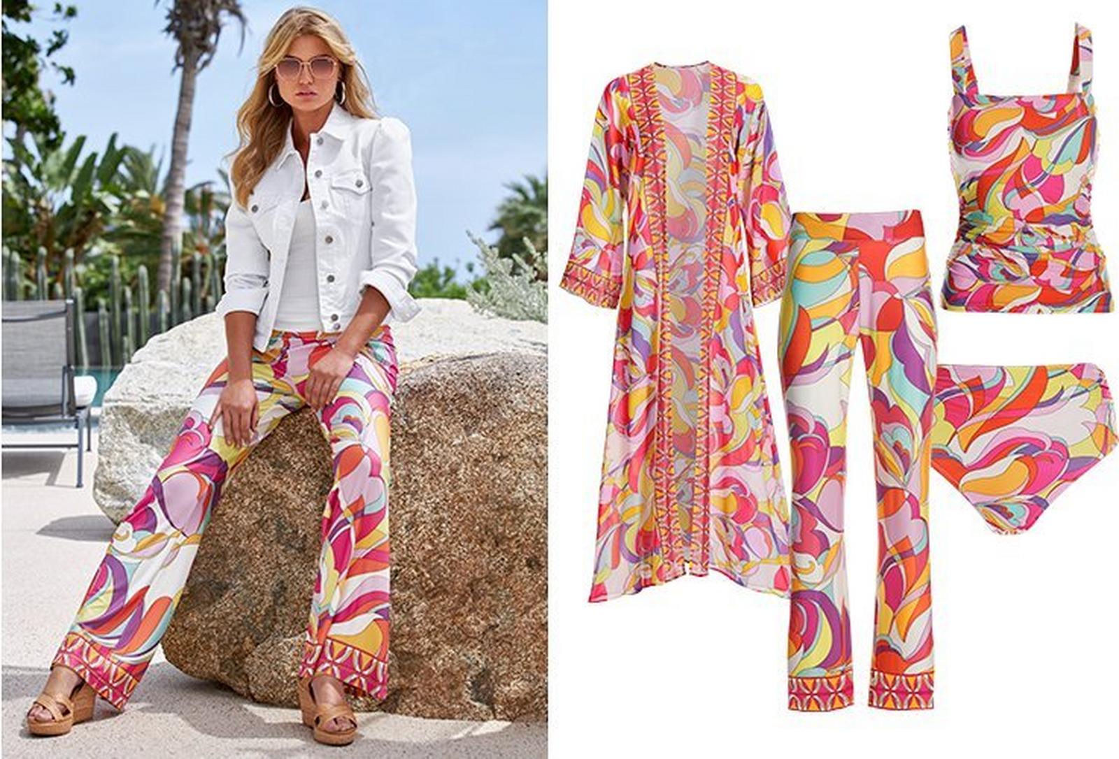 left model wearing a white denim jacket, white tank top, multicolored paisley palazzo pants, and tan wedges. right panel shows multicolored paisley print duster, palazzo pants, square-neck tankini top, and bottoms.