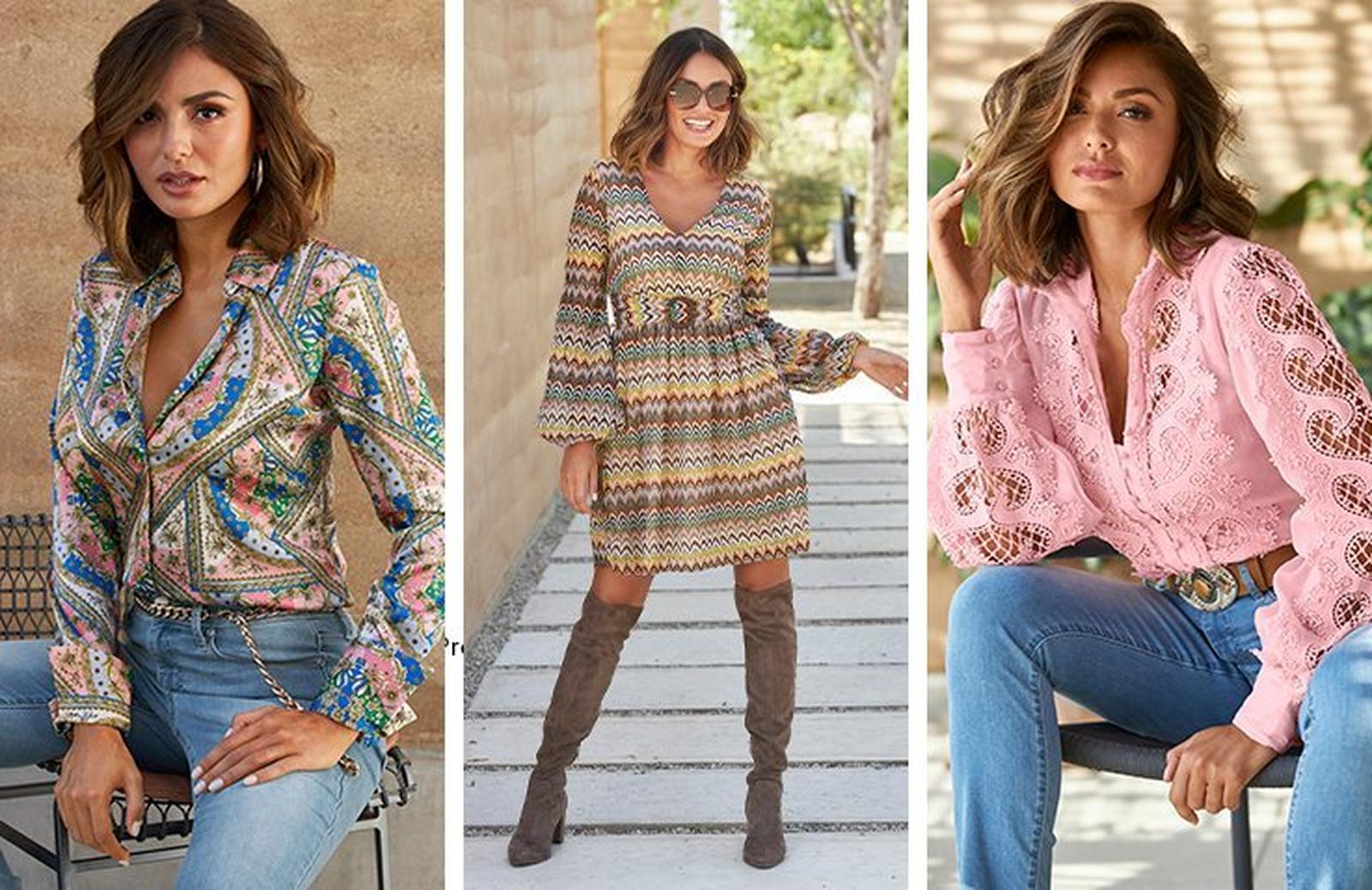 left model wearing a pastel printed button-down long sleeve charmeuse blouse, gold chain belt, and jeans. middle model wearing a neutral chevron print long-sleeve belted dress, sunglasses, and taupe over-the-knee boots. right model wearing a pink lace long-sleeve button-down top, stone embellished belt, and jeans.