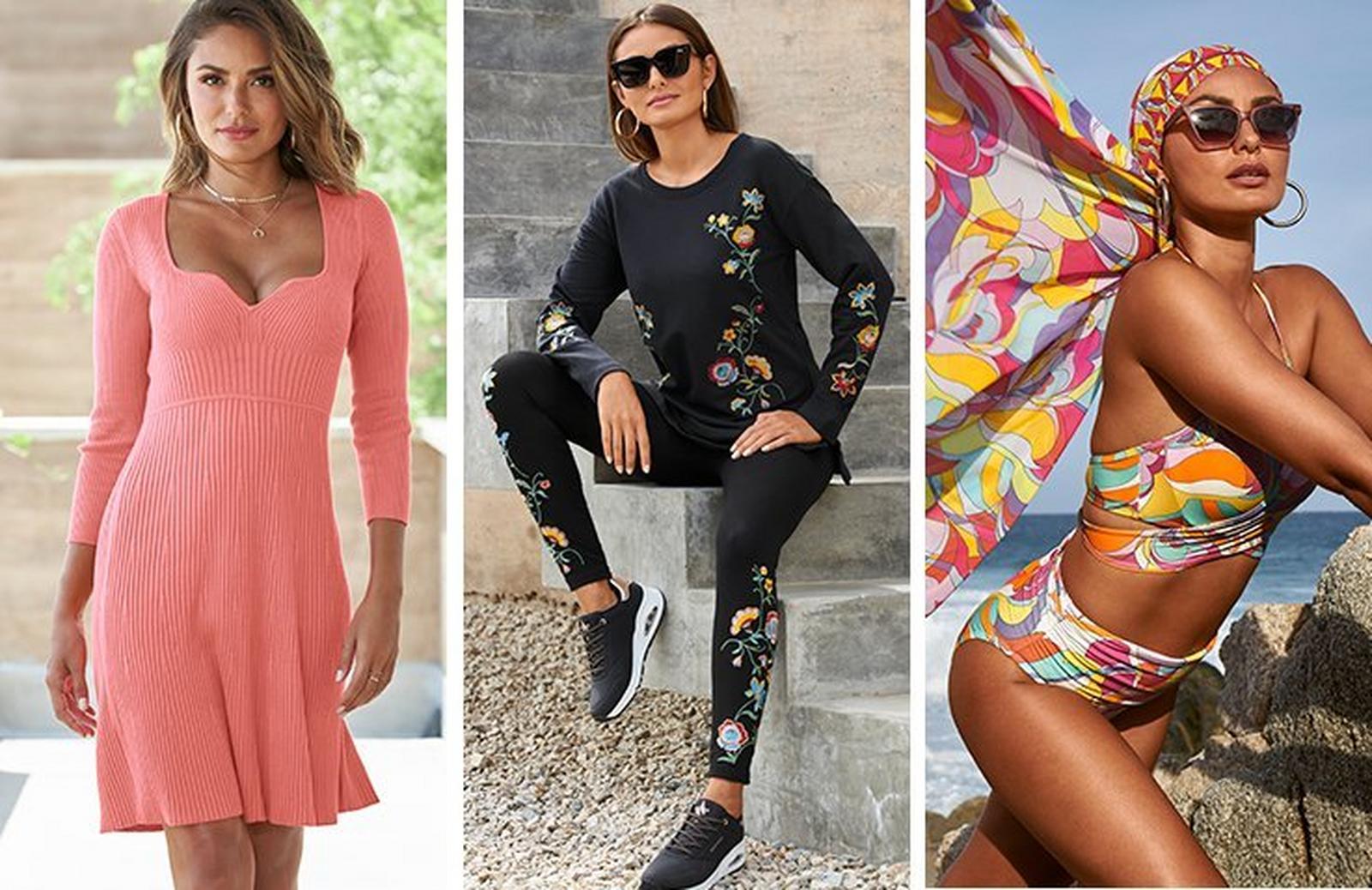 left model wearing a pink ribbed fit-and-flare three-quarter sleeve dress. middle model wearing a black floral embroidered sweatshirt, black floral embroidered leggings, black sneakers, and sunglasses. right model wearing a sunset print bikini, matching headwrap, and sunglasses.