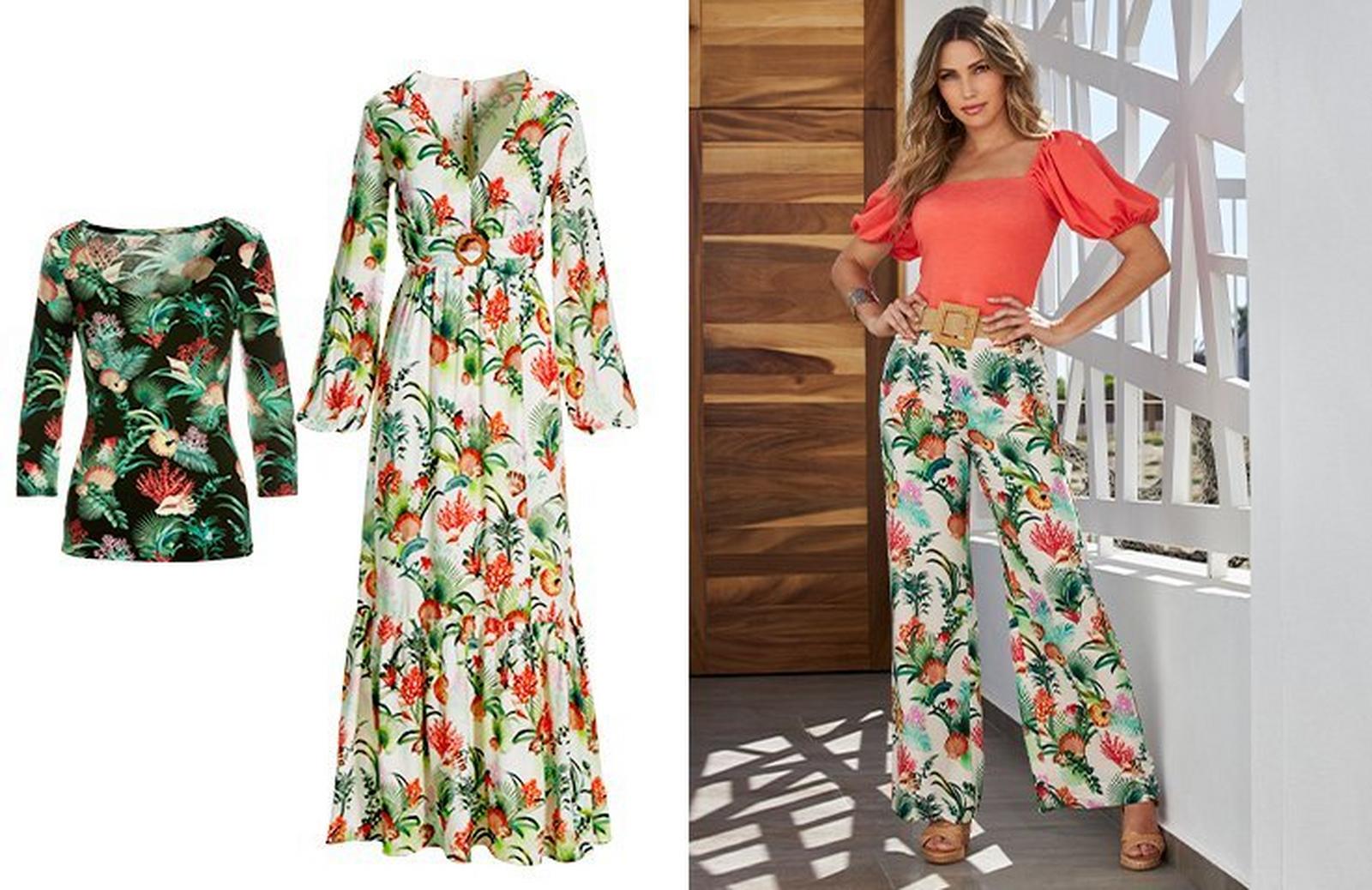 left panel: multicolored sea life print three-quarter sleeve scoop neck top and tropical print long-sleeve v-neck belted maxi dress. right model wearing a hot coral puff-sleeve top, raffia belt, and tropical print palazzo pants.