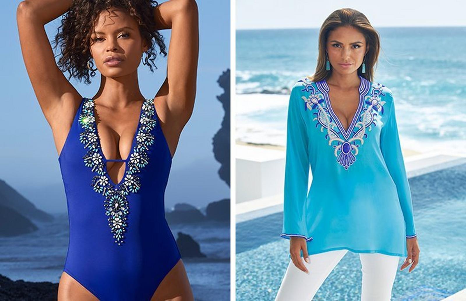 left model wearing a blue plunge embellished one-piece swimsuit. right model wearing a light blue embellished and embroidered tunic top and white jeans.