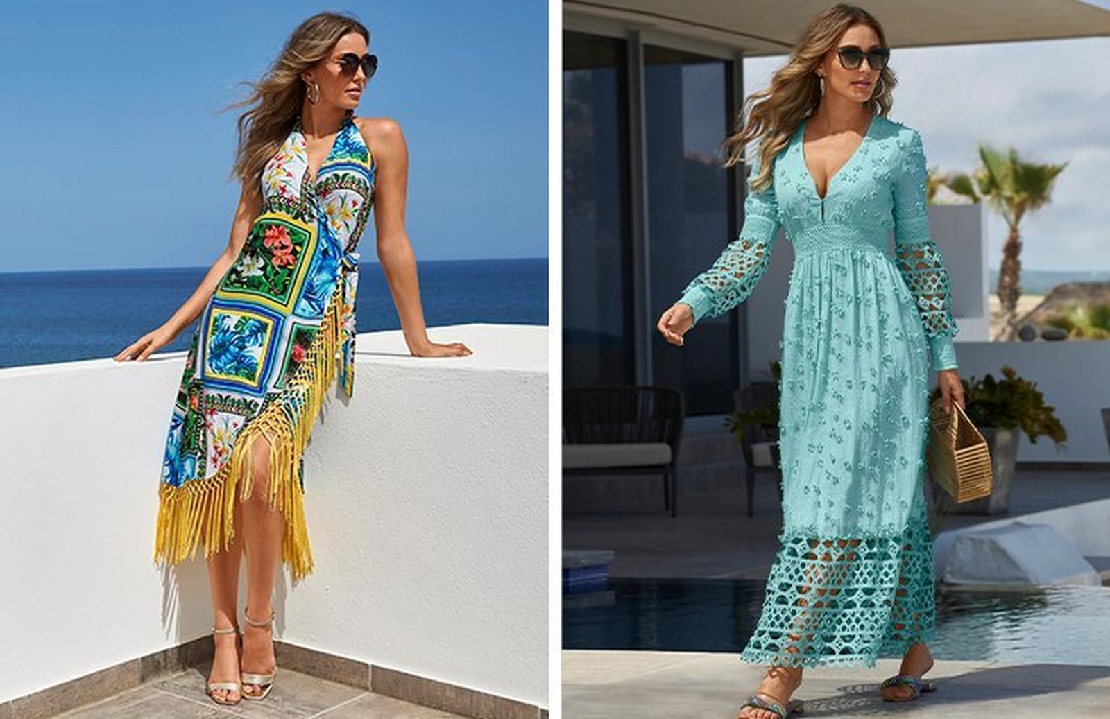 left model wearing a patchwork halter wrap dress with yellow fringe, sunglasses, and gold heels. right model wearing a light blue mixed media long-sleeve v-neck maxi dress, sunglasses, and crystal sandals.